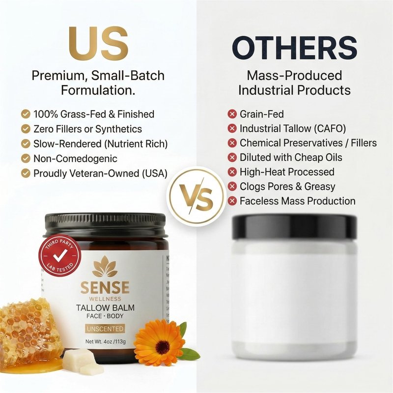 Sense Wellness Beef Tallow for Face & Skin, Moisturizing Balm for Dry Sensitive Skin with Manuka Honey, Unscented, 4 oz