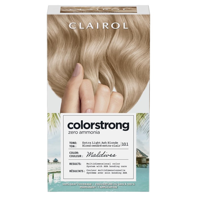 Clairol ColorStrong Permanent Hair Dye, Ammonia‑Free, PPD‑Free, 100% Gray Coverage with Bonding System, 10.1 Extra Light Ash Blonde – Maldives Hair Color, Pack of 1