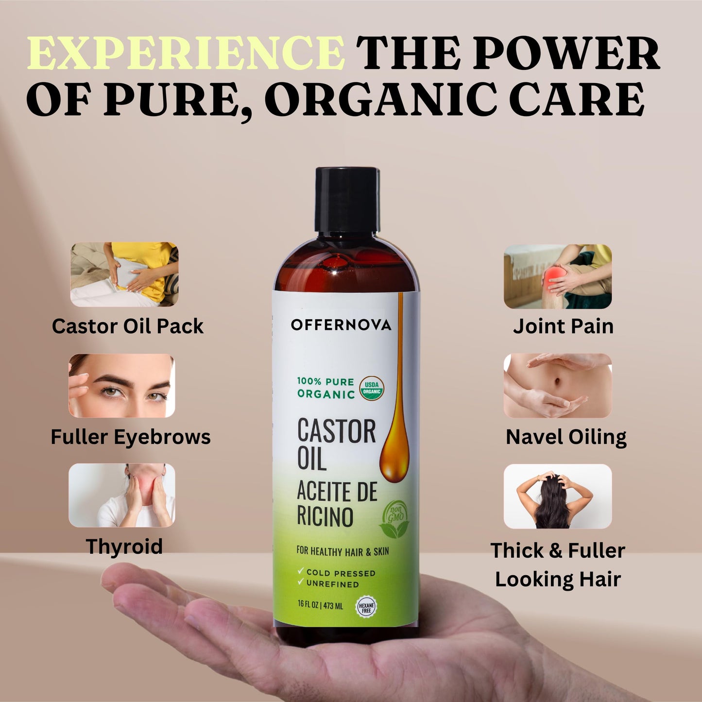 Offernova Castor Oil 16 OZ- Aceite de Ricino - Cold Pressed 100% Pure, Certified Organic, Hexane Free for Eyelashes, Eyebrows, Frizzy, Hair Growth Women and Men, Beard Growth