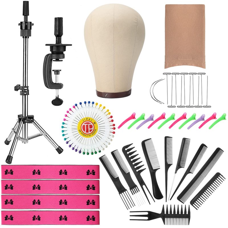 Yahenda 23 Inch Wig Cork Canvas Block Head with Mannequin Tripod Head Stand Wig Holder Stand with Pins Wigs Making Kit and Supplies Accessories for Cosplay Making Wigs Styling Display (Pink)