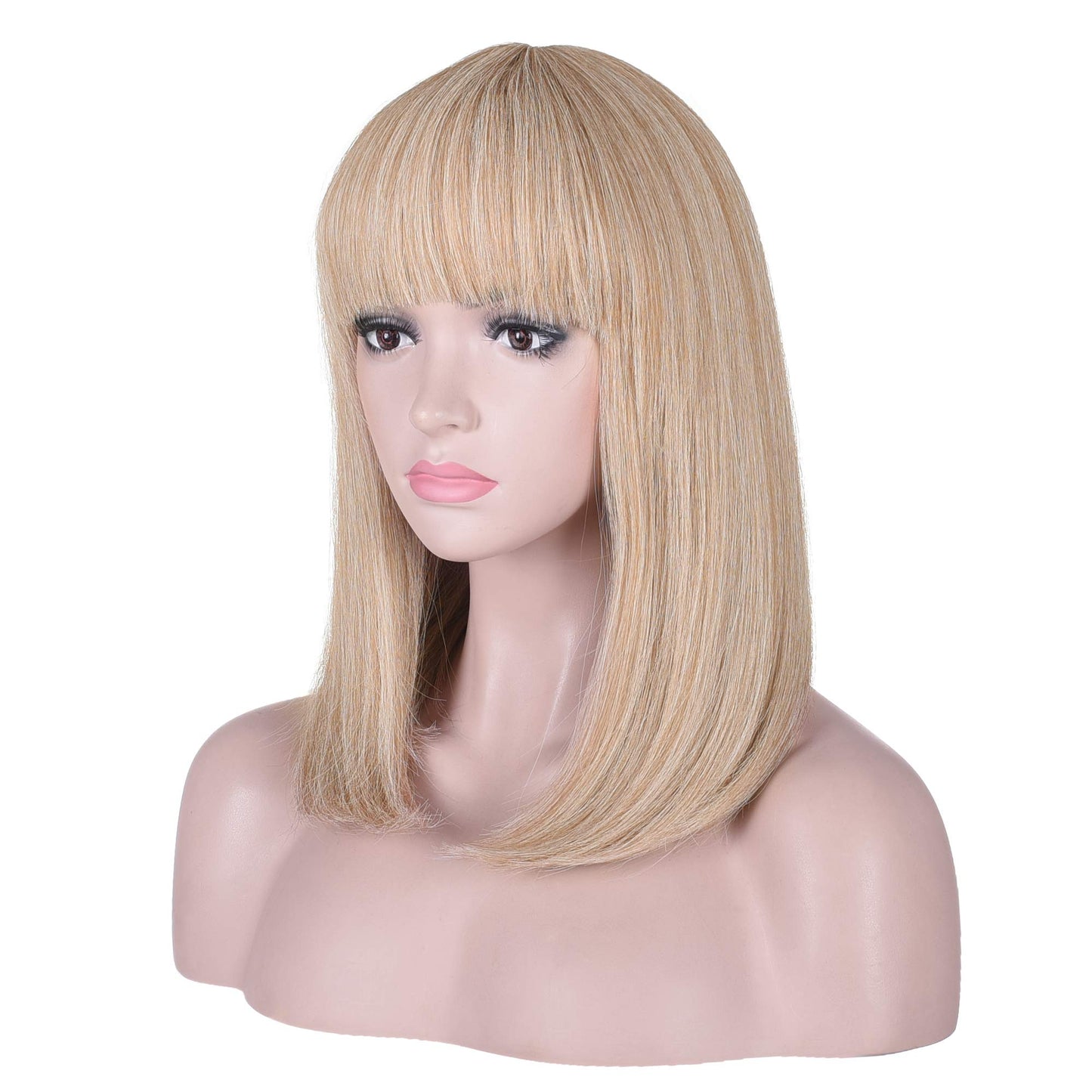 AMZCOS 15 Inch Short Straight Blonde Highlights Bob Wig with Bangs | Natural Heat Resistant Synthetic Hair Wigs for Women