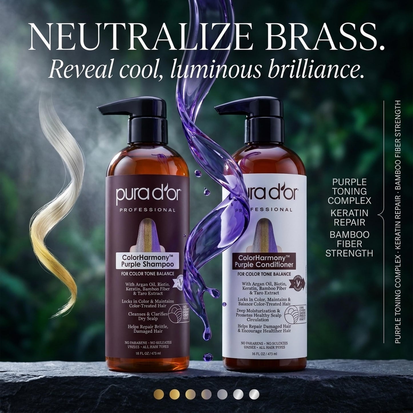 PURA D'OR Purple Shampoo & Conditioner (16oz x 2) ColorHarmony Biotin Set For Bleached, Blonde, Silver & Color Treated Hair - Keratin, Bamboo Fiber, No Sulfates - Men & Women