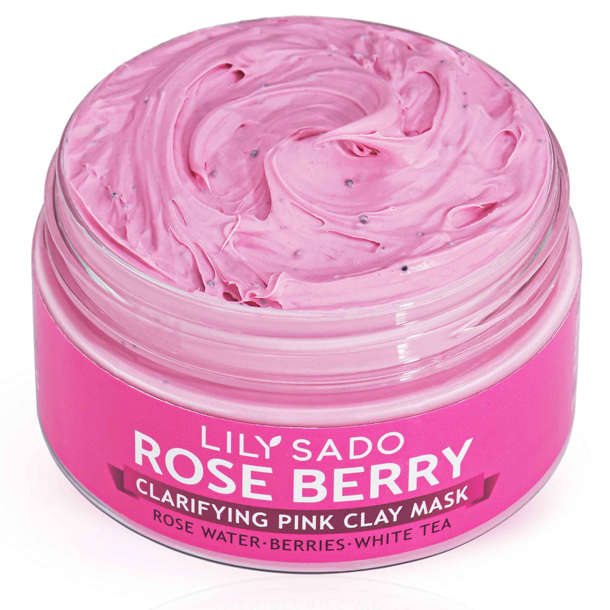 LILY SADO Rose Berry Pink Clay Mask w Rose Water & Fresh Berries - White Tea & Jojoba Beads Gently Exfoliate, Balance & Purify to Prevent Acne & Blackheads - 4 oz