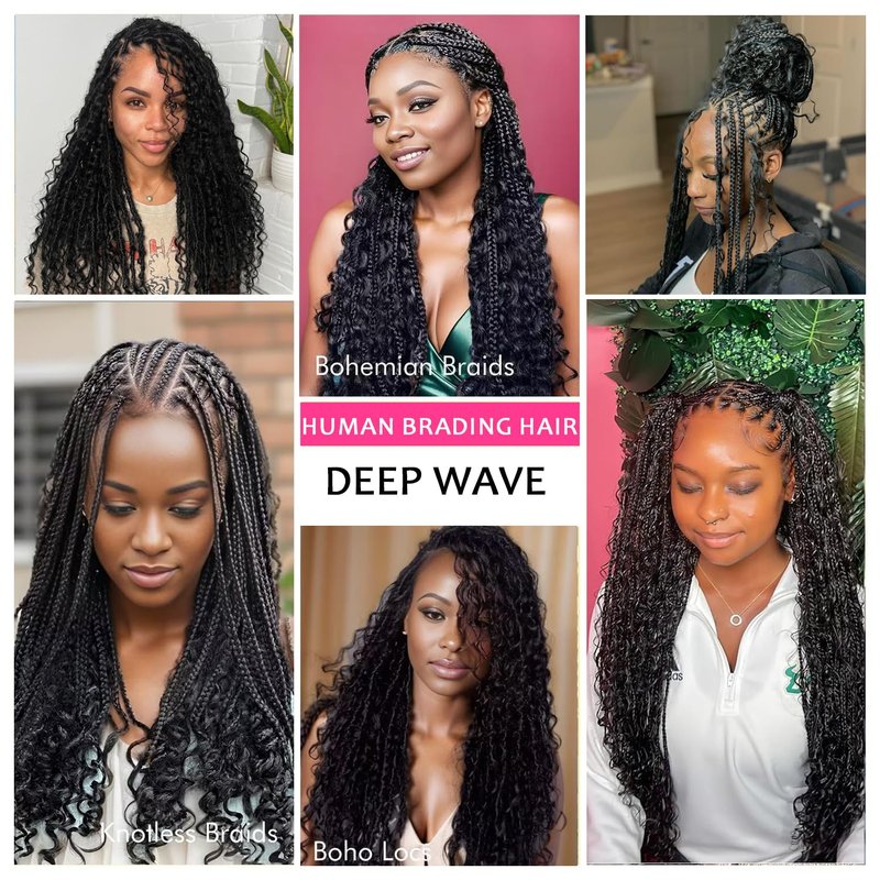 Human Braiding Hair 2 Bundles 100g 18Inch Deep Wave Bulk Human Hair for Braiding No Weft Curly Braiding Hair Bulk Curly Human Hair for Boho Braids 12A Brazilian Virgin Hair Extensions Natural Color