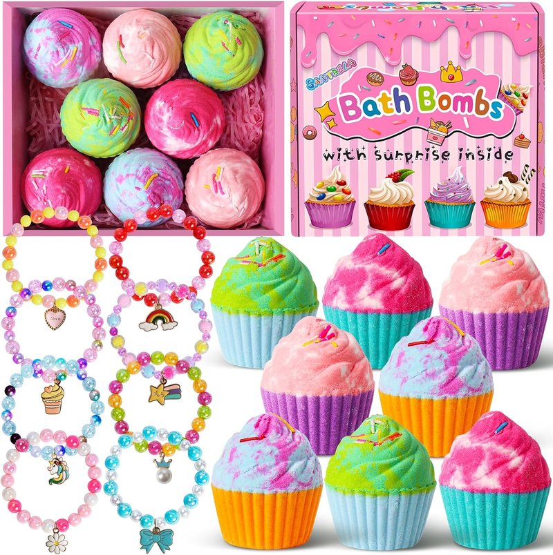 Bath Bombs for Kids - Surprise Jewelry Inside | 8 Cupcake Fizzy Spa Balls for Girls, Teens & Birthday Gifts