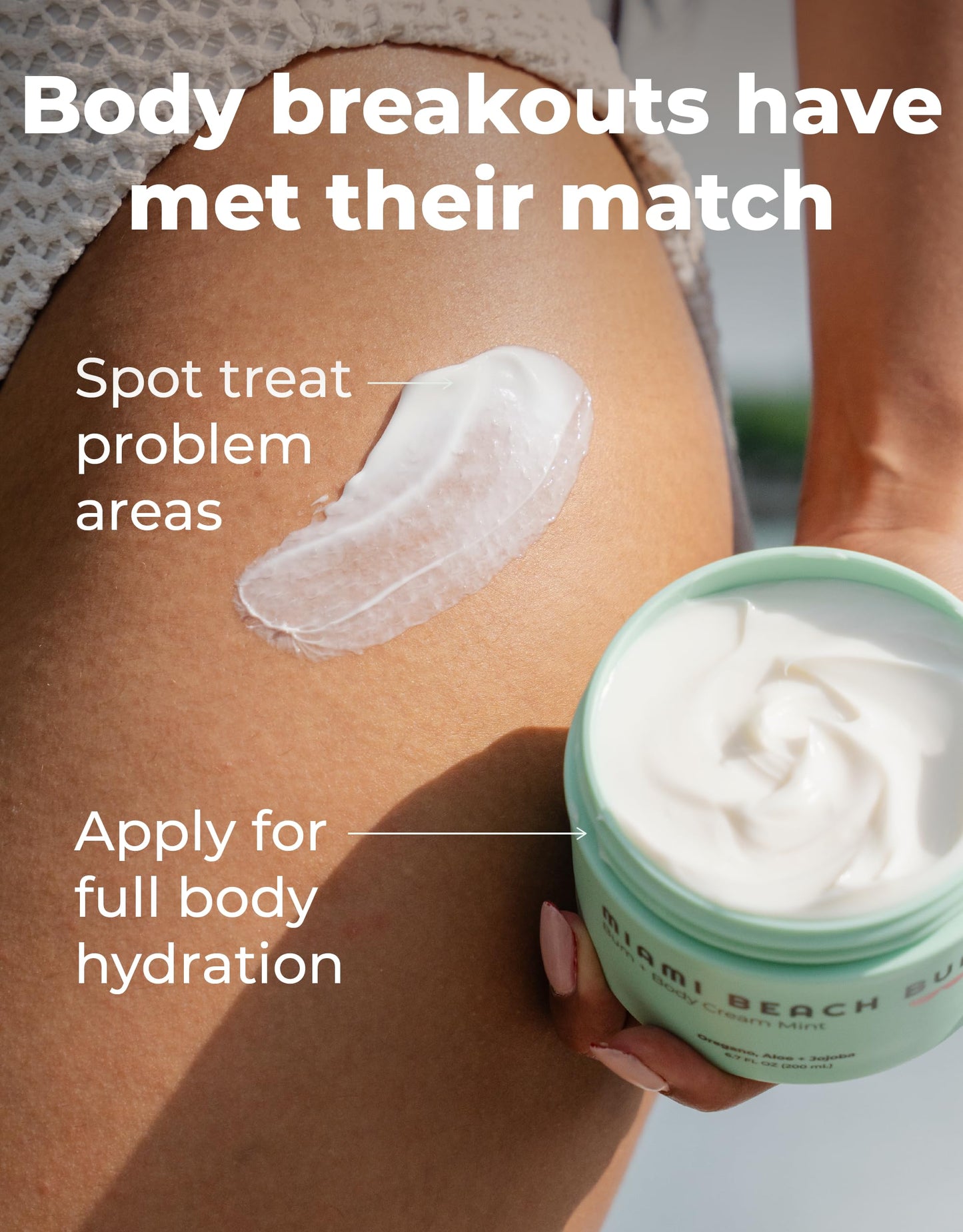 Miami Beach Bum Bum Body Cream - 3.4 oz Bum Lotion Oregano Aloe + Jojoba Daily Moisturizer for Skin Health, Razor Bumps, Keratosis Pilaris, Ingrown Hairs, Sunburns, Blemishes