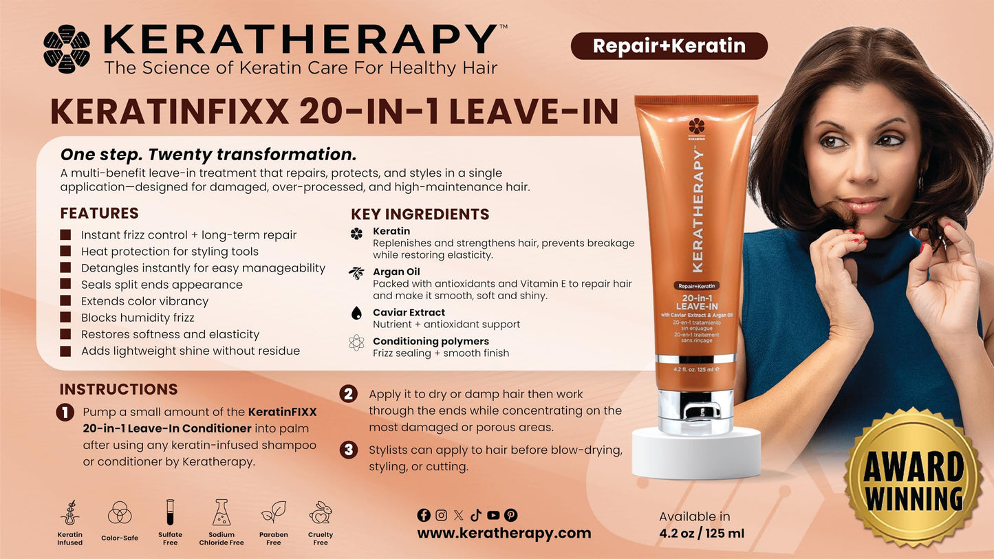 KERATHERAPY Keratin Infused KeratinFIXX 20-in-1 Leave-in, 4.2 fl. oz., 125 ml - Smoothing Leave in Conditioner Transforms Your Hair with 20 Benefits in 1 Easy Step - With Caviar Extract, & Argan Oil