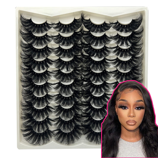 25MM Lashes Mink Fluffy Long 20 Pairs Dramatic 3D Mink Lashes Pack, Reusable 5D Thick Long 25 MM False Faux Mink Eyelashes Bulk