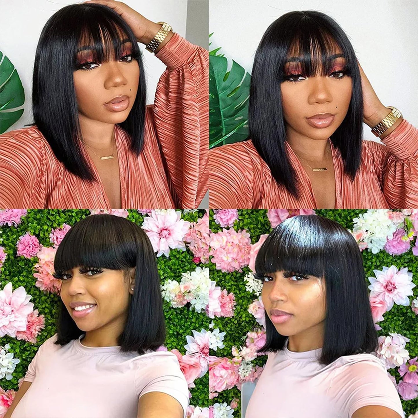 Lusina Bob Wig Human Hair With Bangs Glueless 2x4 HD Lace Colsure Wigs, Ready to Go Short Wigs For Women Beginner Friendly (Black, 10 Inch)