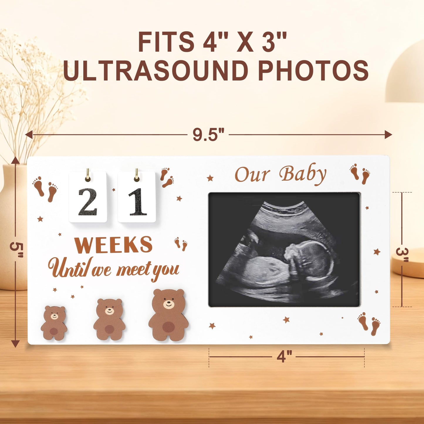 DACO MIN Baby Sonogram Picture Frame with Countdown Weeks, 4"x3" Ultrasound Photo Frame with Inkless Handprint Kit, Bear Pregnancy Announcement Gift for Expecting Mom Dad, Grandparents Reveal (Brown)