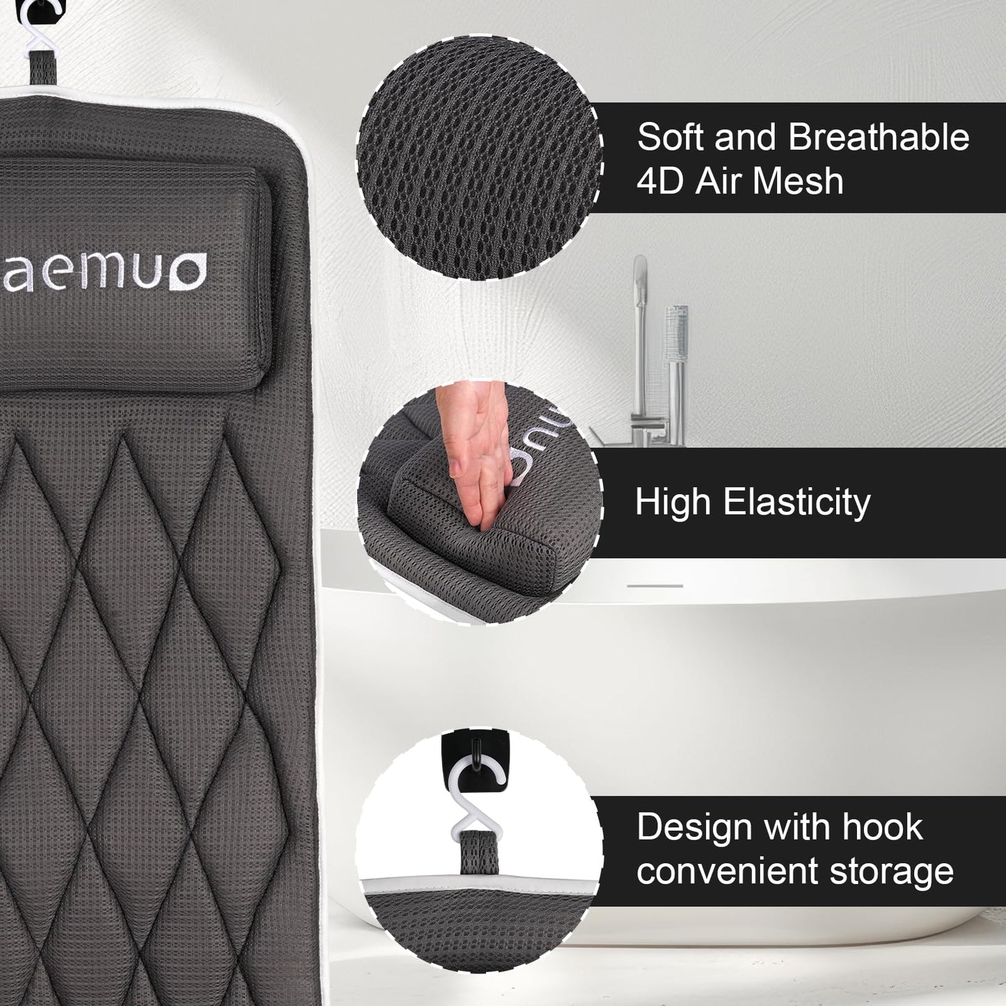 Full Body Bath Pillow Bathtub Pillows-Removable Lumbar Cushion with 17 Non-Slip Suction Cups 4D Air Mesh Fit Any Tub Luxury Bathroom Accessories-Grey