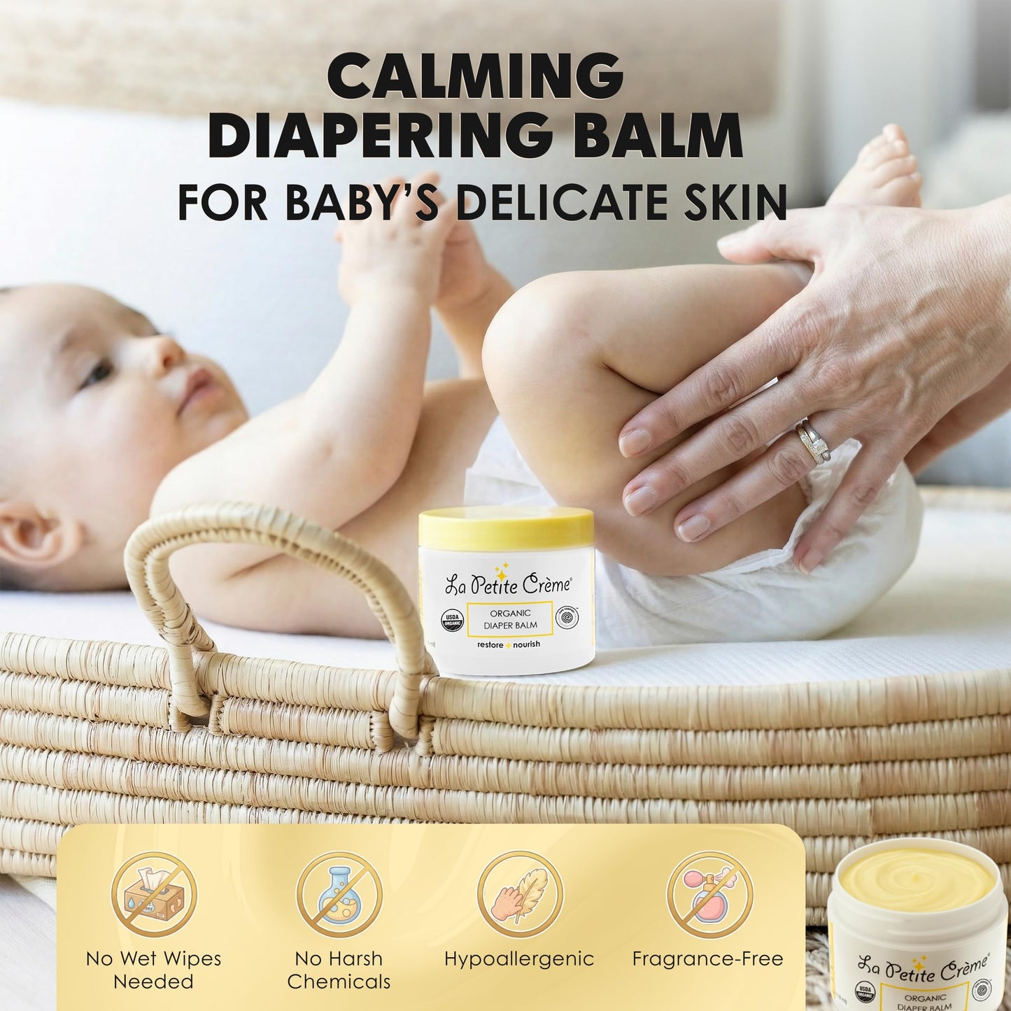 La Petite Creme French Organic Diaper Balm (4 oz) - Healing & Nourishing Diaper Cream - Gentle & Safe Liniment Baby Lotion - USDA Certified Organic - Baby Essentials for Newborn