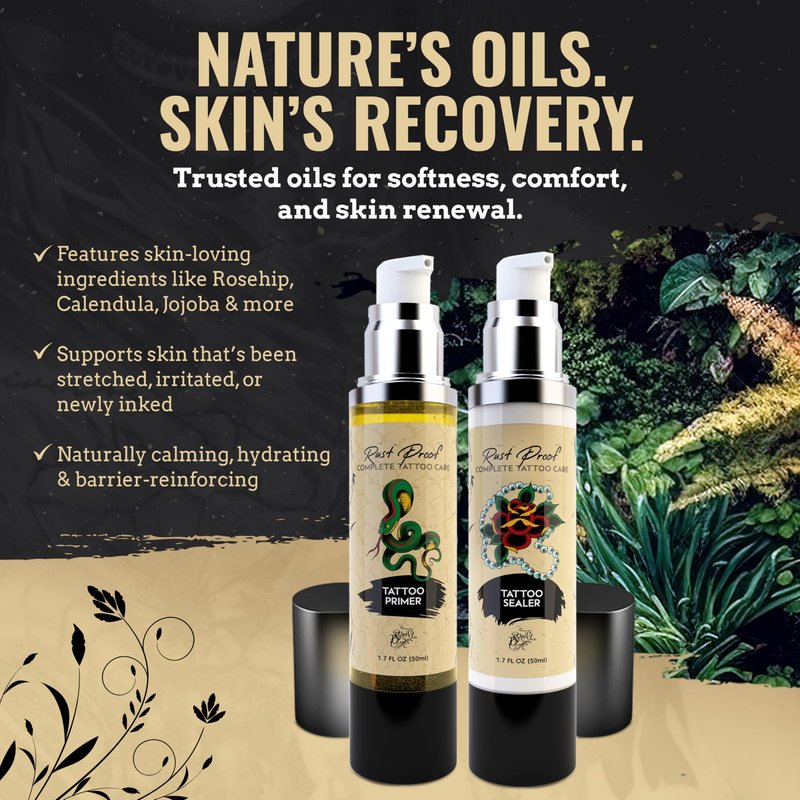Nirvanta Rust Proof Complete Tattoo Care – Comprehensive Pre & Post Tattoo Skincare Set with Body Oil & Moisture Sealing Body Lotion – Lightweight Hydration & Moisture Barrier Protection – 2 Piece