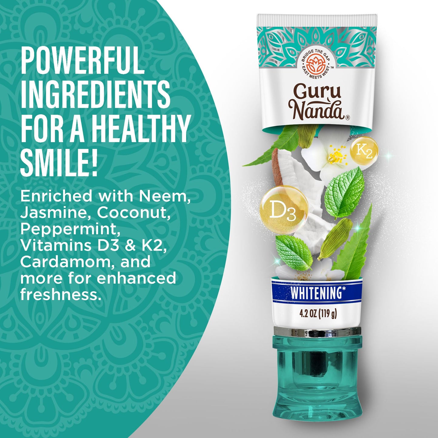 GuruNanda Hydroxyapatite Toothpaste for Whitening with Neem & Xylitol, SLS & Fluoride Free Formula with Tongue Scraper & Squeezer - Freshens Breath, Fights Plaque - Natural CocoMint Jasmine, 4.2oz