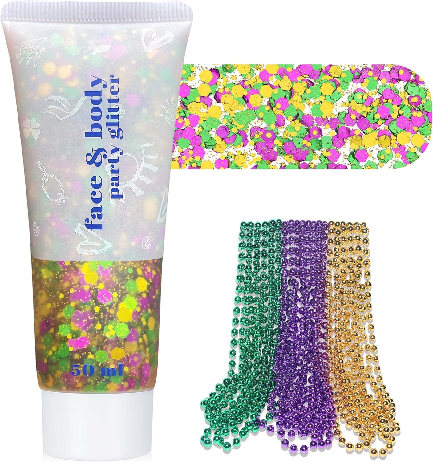 Face & Hair Glitter Makeup Set - Purple, Green & Gold for Mardi Gras | 10 PCS 7mm Bead Necklaces