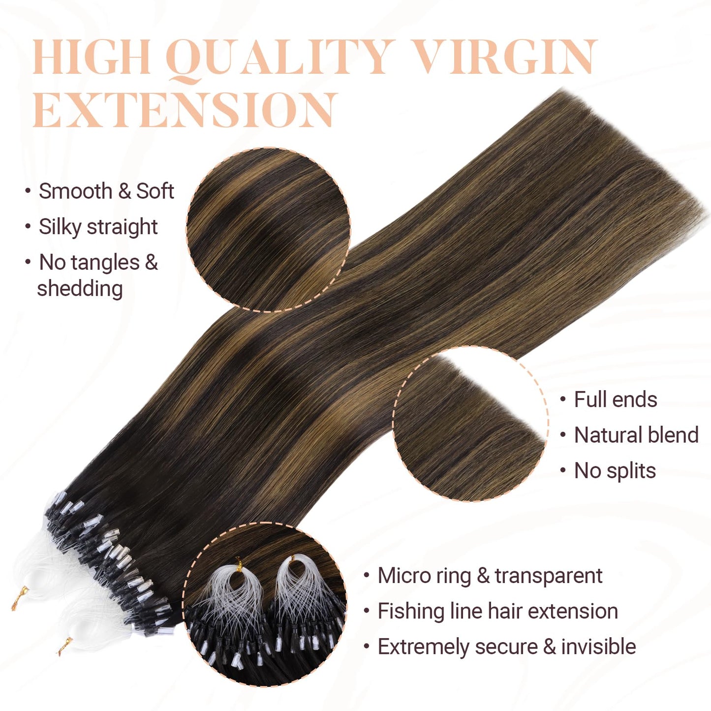 MAXITA Microlink Hair Extensions Human Hair Balayage Dark Brown Mixed Chestnut Brown Micro Bead Hair Extensions Real Human Hair, 50g/50 Strands/Pack, 16 In