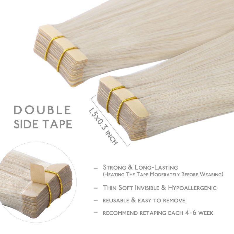 WENNALIFE Tape in Hair Extensions Human Hair, 20pcs 50g 18 inch Platinum Blonde Remy Hair Extensions Straight Human Hair Tape in Extensions Skin Weft Tape Extensions Human Hair