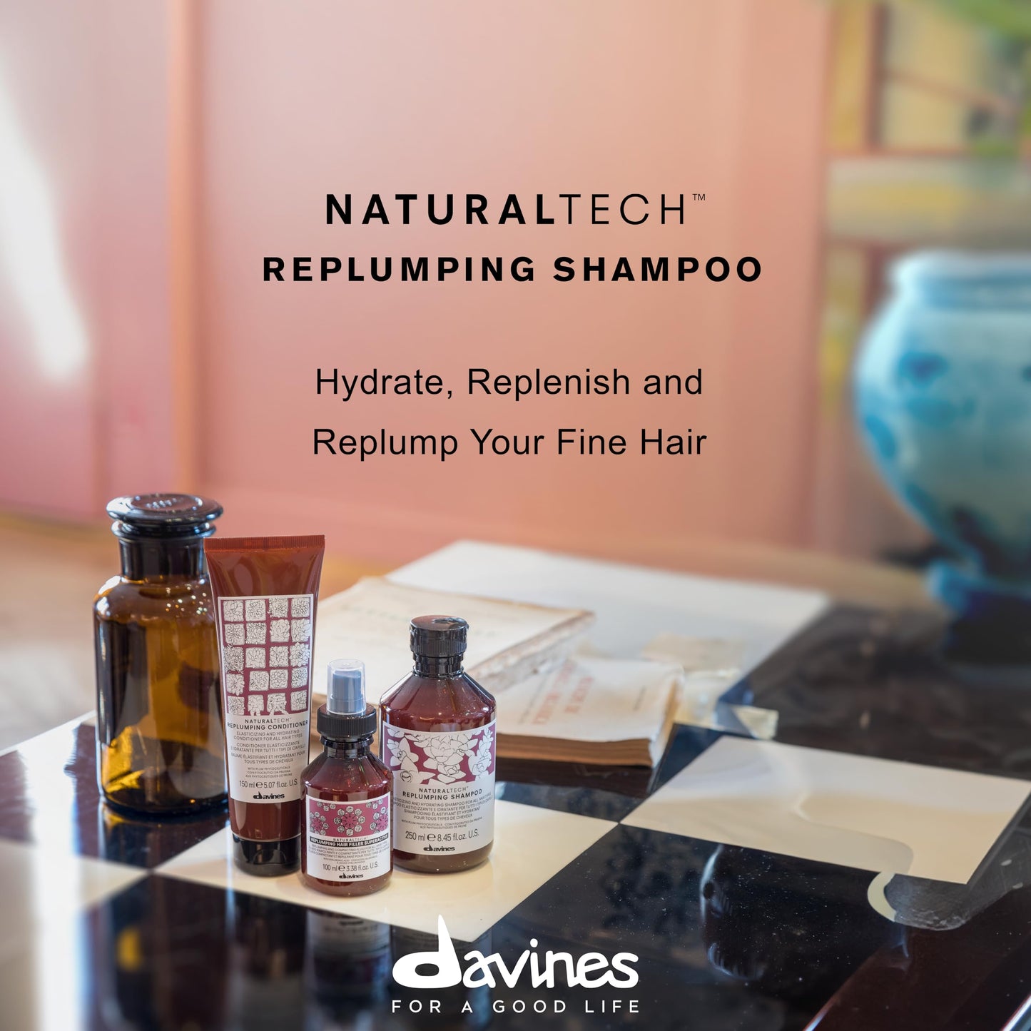 Davines Naturaltech Replumping Shampoo, Moisturizing for Fine Hair Lacking Elasticity - With Plum Phytoceuticals - Gentle Cleanser Adds Elasticity, 8.45 Fl Oz