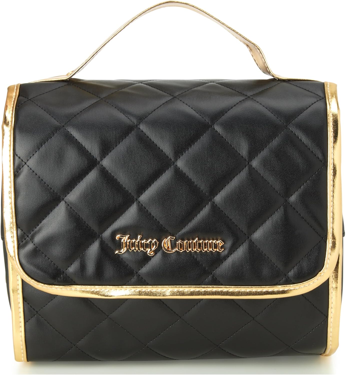 Juicy Couture Black Makeup Bag - Faux Quilted Leather Cosmetics Organizer with Hanging Hook | Travel Essentials