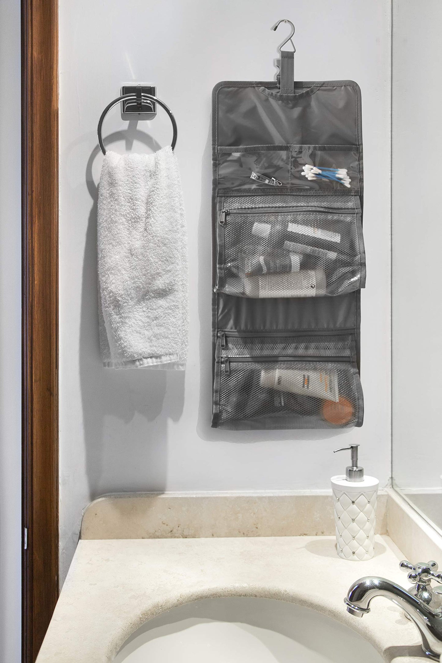 LeanTravel Hanging Toiletry Bag for Travel w/ 5 Pockets & 7 Day Plastic Pill Case Organizer