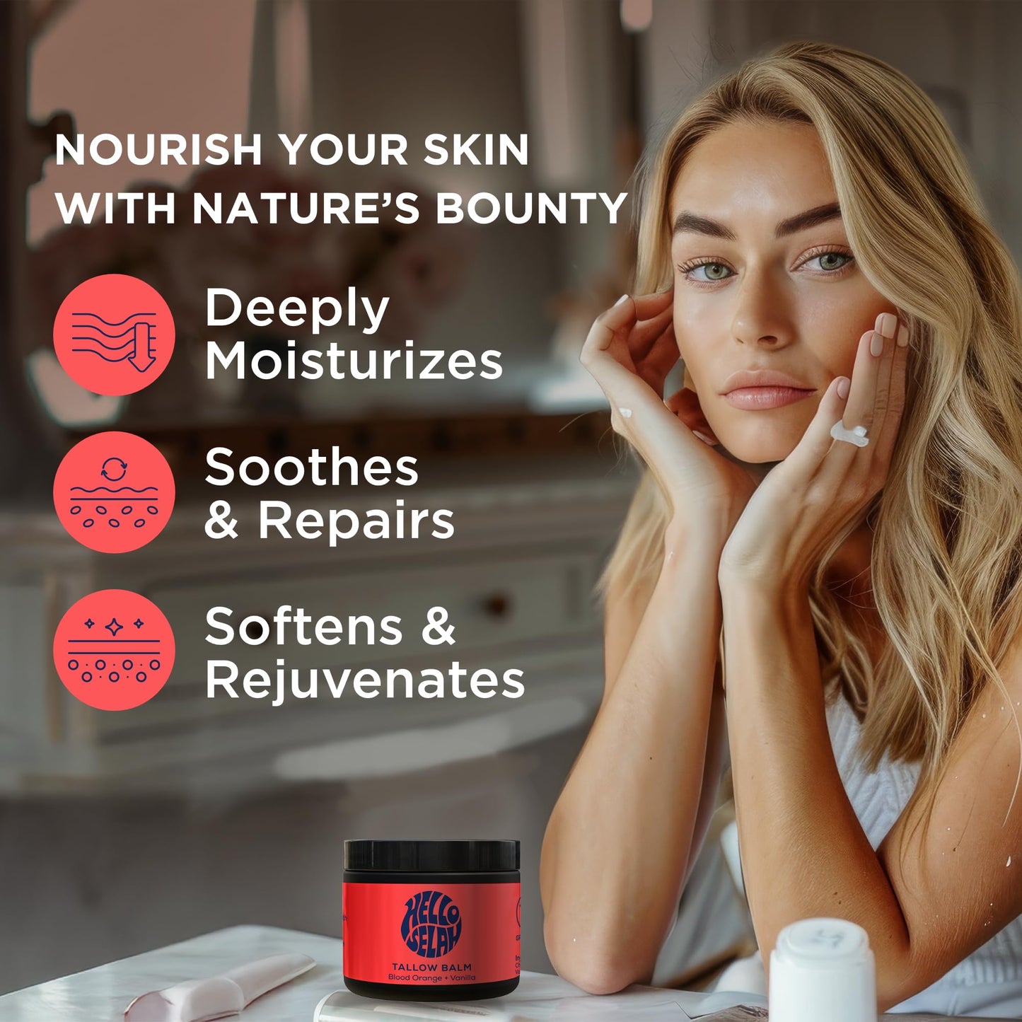 Hello Selah Blood Orange + Vanilla Tallow Balm – Luxurious Moisturizer for Soft, Glowing Skin | 100% Grass-Fed, Organic Face & Body Balm | Uplifting Citrus-Vanilla Aroma, Non-Toxic (Made in the USA)