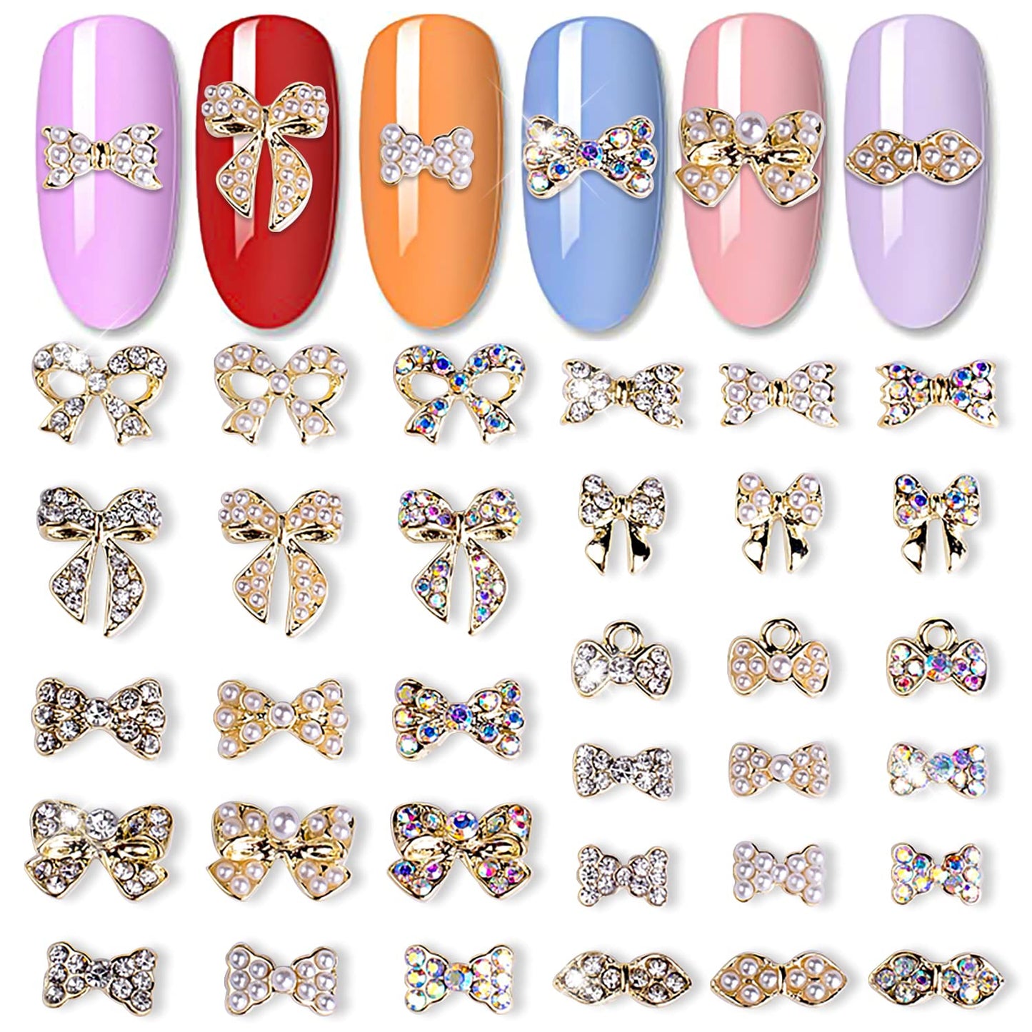 JERCLITY 33 Pieces Gold Alloy Bow Charms for Nails Bow Nail Charms Gems Bowknot Nail Studs Inlaid Pearl Clear Iridescent Rhinestone for Women Nail Art
