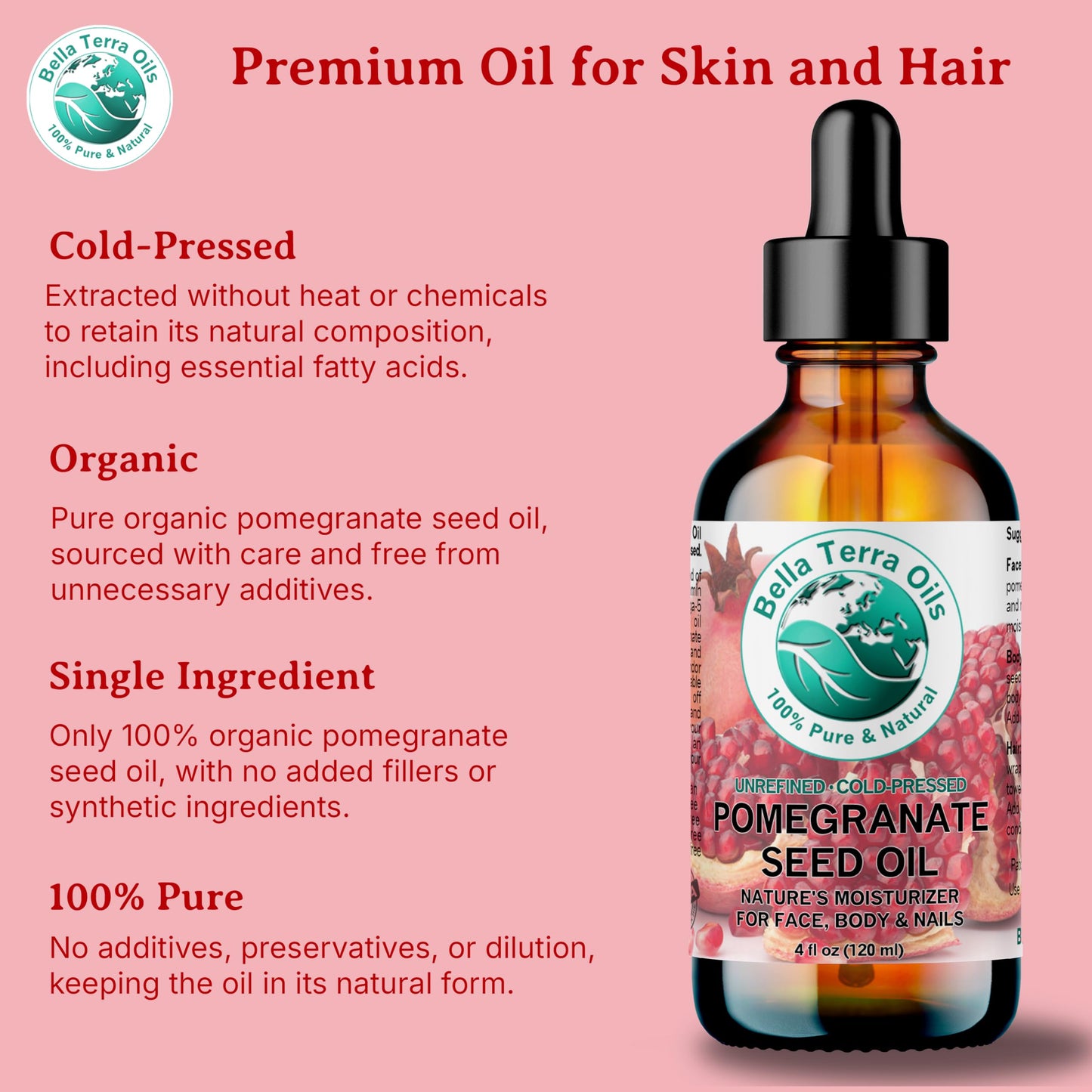Bella Terra Oils - Organic Pomegranate Seed Oil 16 oz - Revel in the Essence of Punicic Acid & Ellagic Acid, Nature’s Gift for Radiant & Nourished Skin