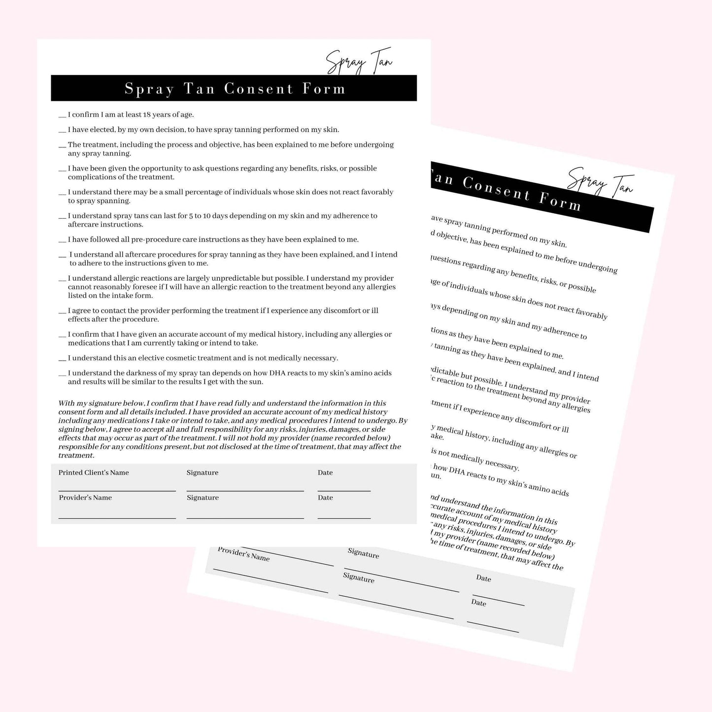 Spray Tan Intake Forms, Consent, Aftercare Instructions |75 pk 25 of each printed | Pre-tan before your spray, rapid spray tan included 8.5 x 11” Client Intake Signature Minimalist Black White