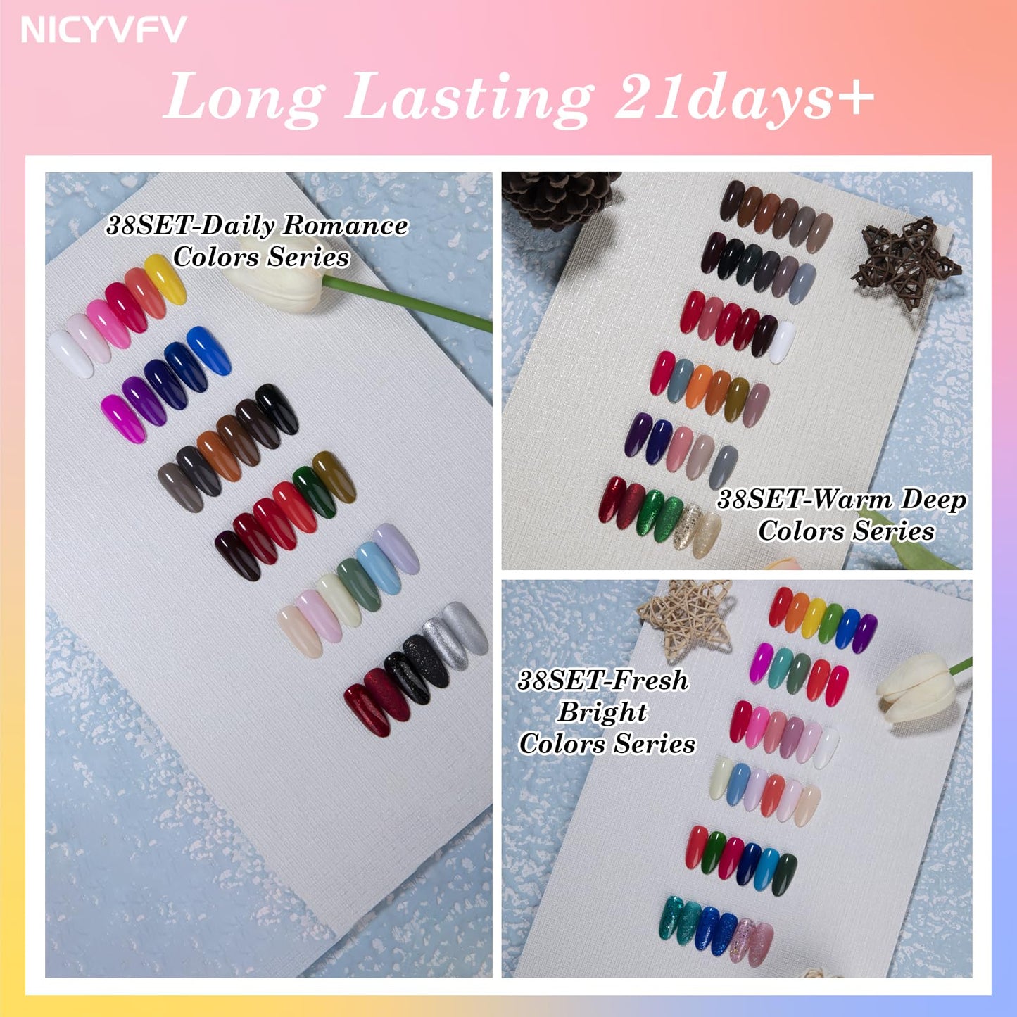 NICYVFV 60 PCS Gel Nail Set, 54 Colors Gel Polish Set Classic Shades, with Gold Silver Glitter and Glossy Matte Top Coat, Base Coat Builder gel, for Women Gift Kit