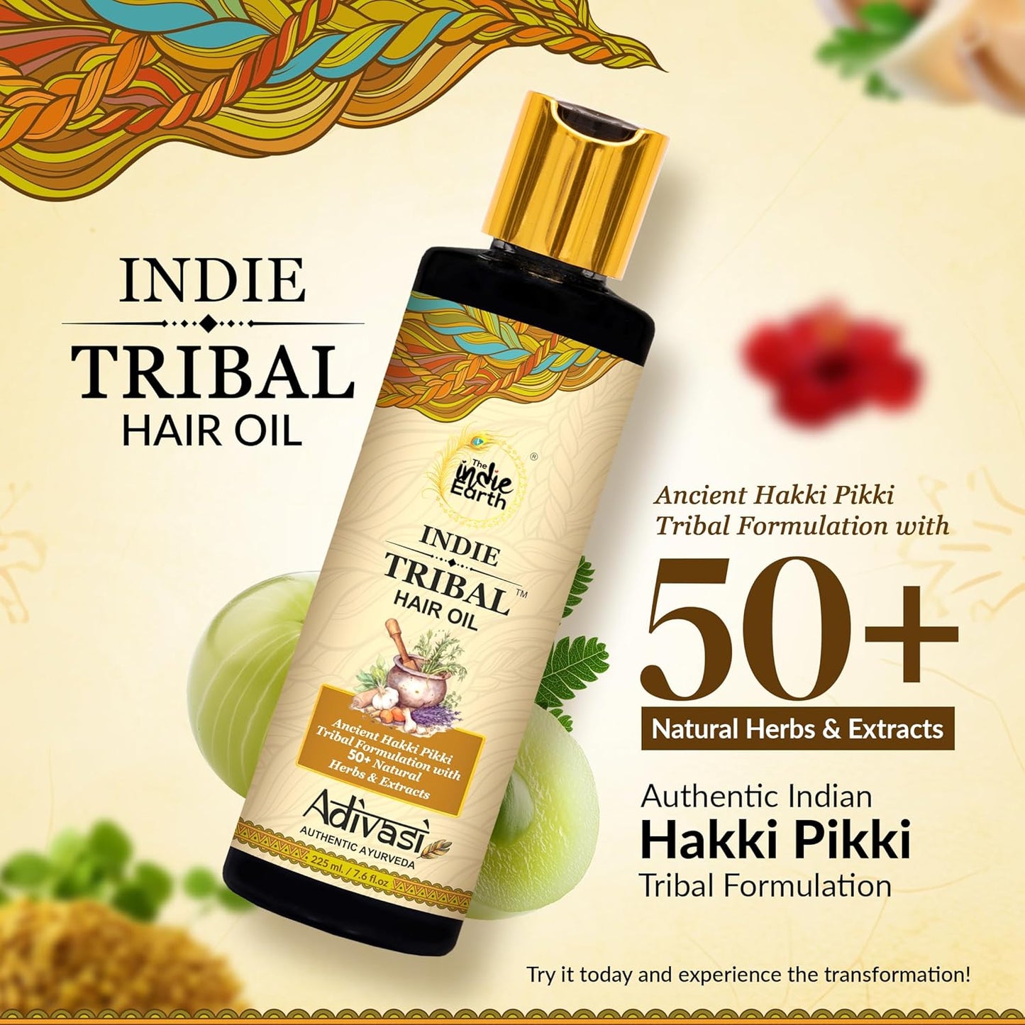 Indie Earth Tribal Adivasi Hair Oil - 50+ Natural Ingredients for Healthy Hair | Moringa, Bhringraj, Hibiscus & More