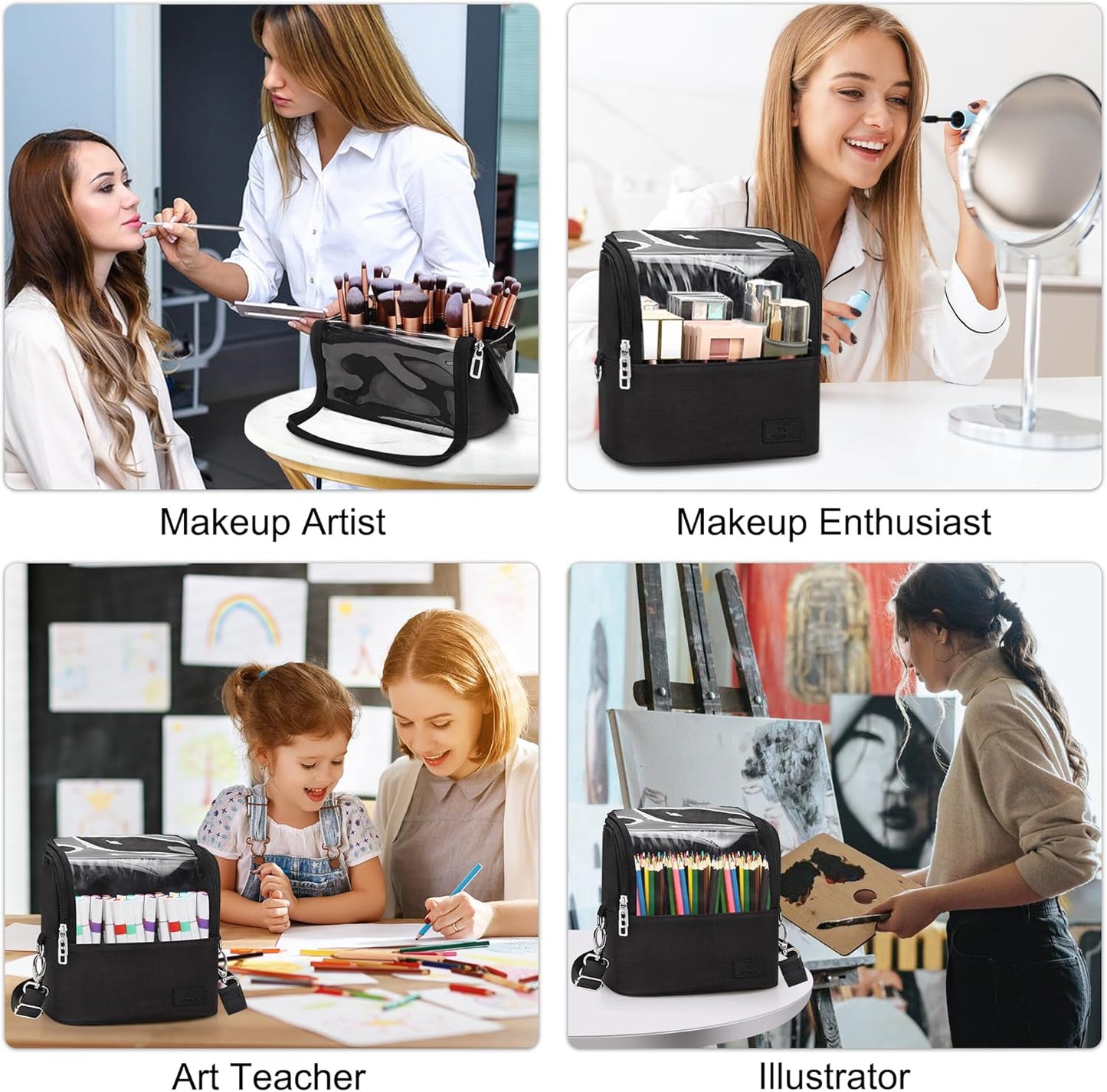 Makeup Brush Organizer - Travel-Friendly Stand-Up Holder with Adjustable Divider | Large Black Cosmetic Case
