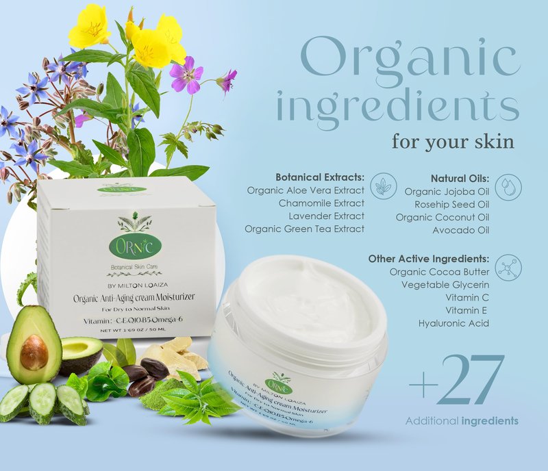 ornic Organic Anti-Aging Moisturizer - Hydrating & Rejuvenating Facial Cream for Dry Sensitive Skin - Vegan, Cruelty-Free, Natural Skincare - Nourishes, Firms & Reduces Wrinkles 50Ml