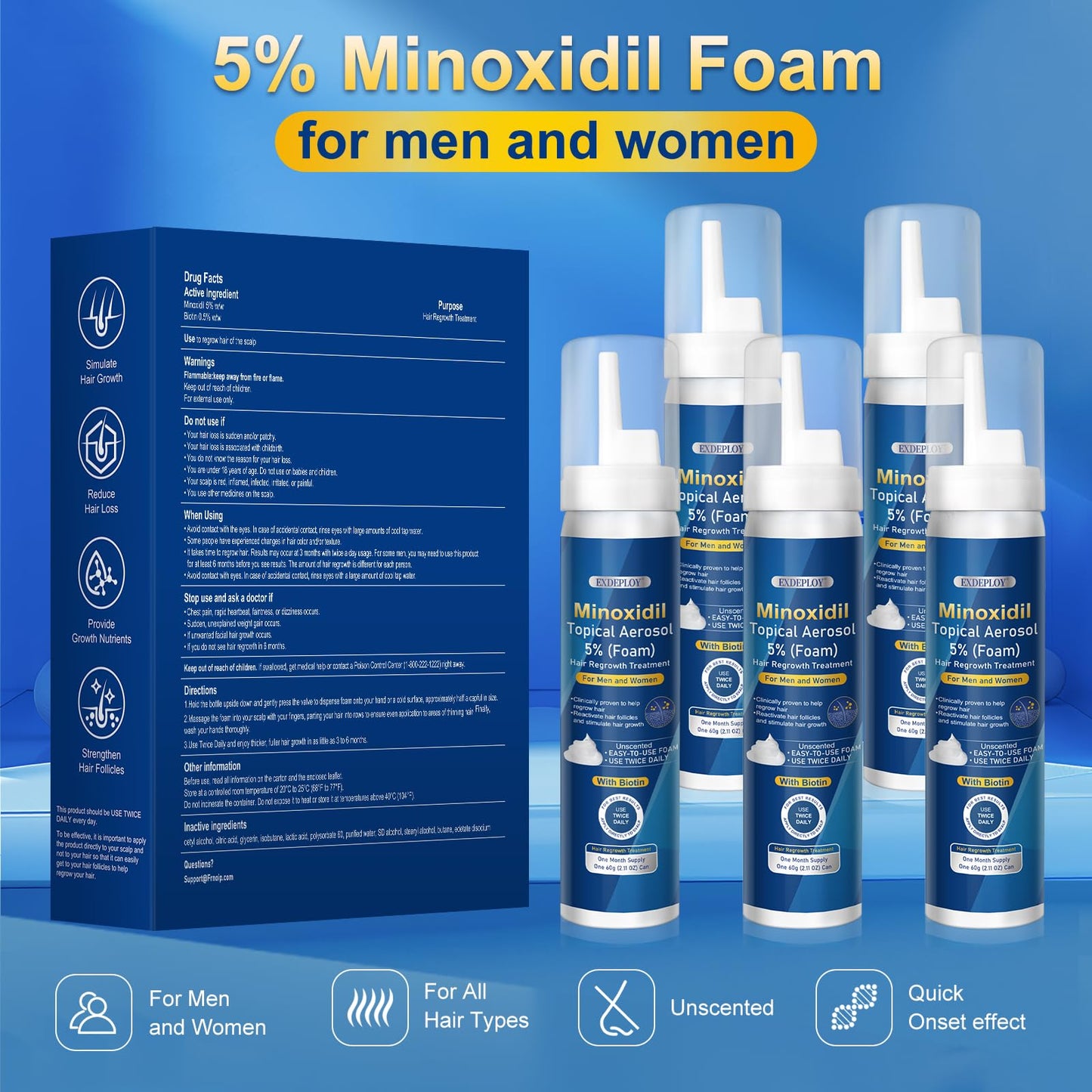 5% minoxidil foam for men-Free new applicator for minoxidil foam， Infused with Biotin, Hair Growth Treatment, Supports Thicker and Fuller Hair & Beard (10.5oz, 5 Month Supply)