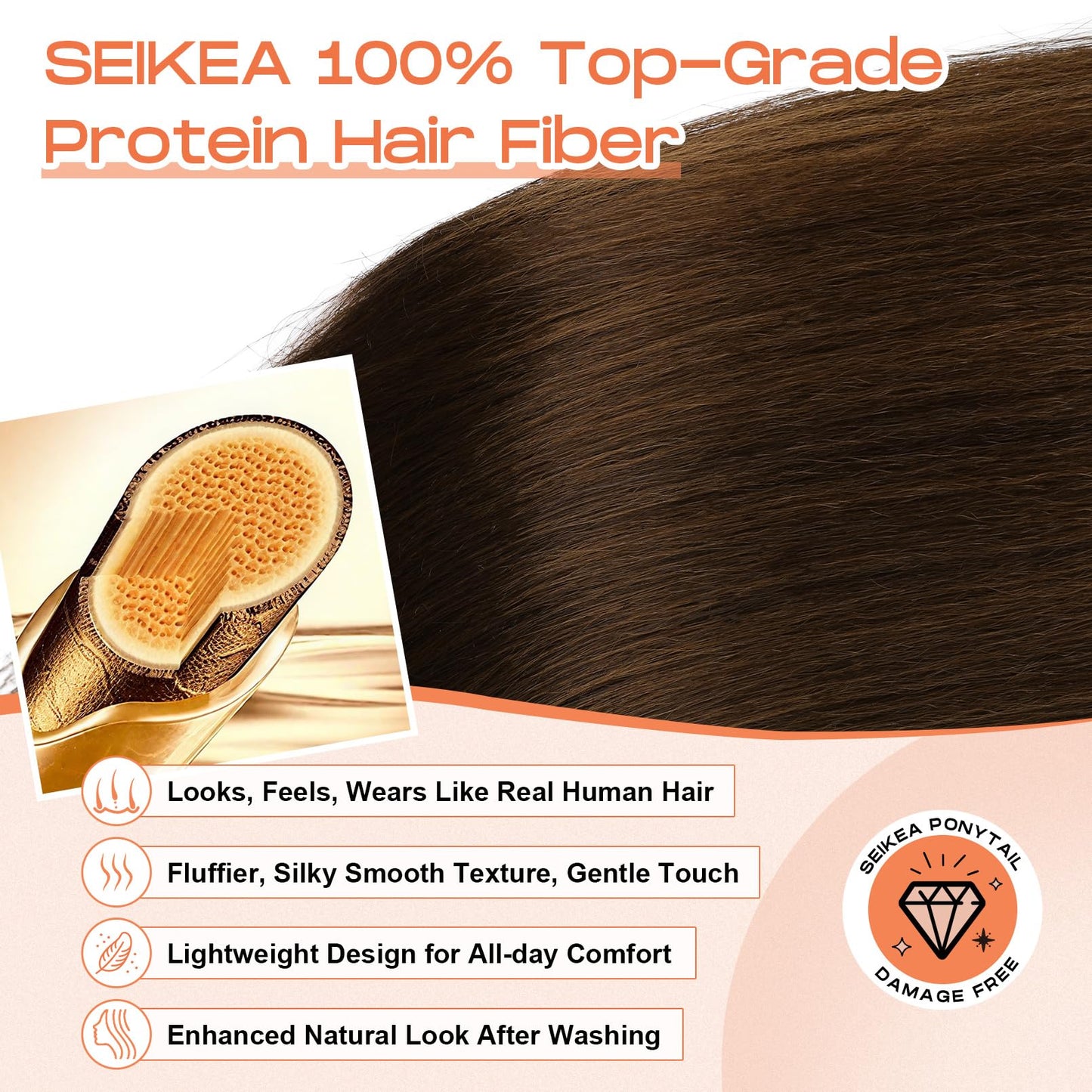 SEIKEA Cheer Ponytail Hair Piece, 100% Super Protein Fiber Straight Cheerleader Hairpiece Lightweight Silky Smooth Fluffy 18" Ponytail Extension for Cheerleader Competition, Dance Mocha Melt