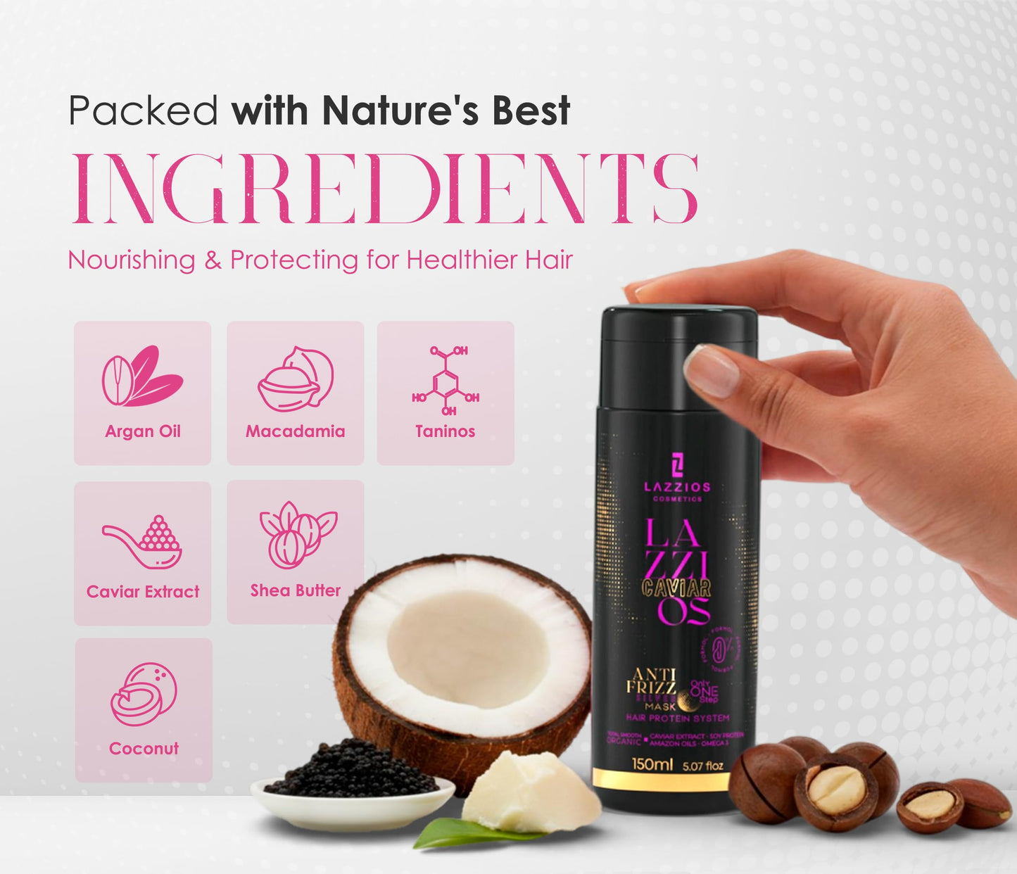 Lazzios Caviar Organic Hair Protein – Brazilian Professional Straightening & Smoothing Treatment – Formaldehyde-Free Formula with No Toxic Acids, Hyaluronic Acid, Keratin, Caviar & Argan Oil – 120 ml