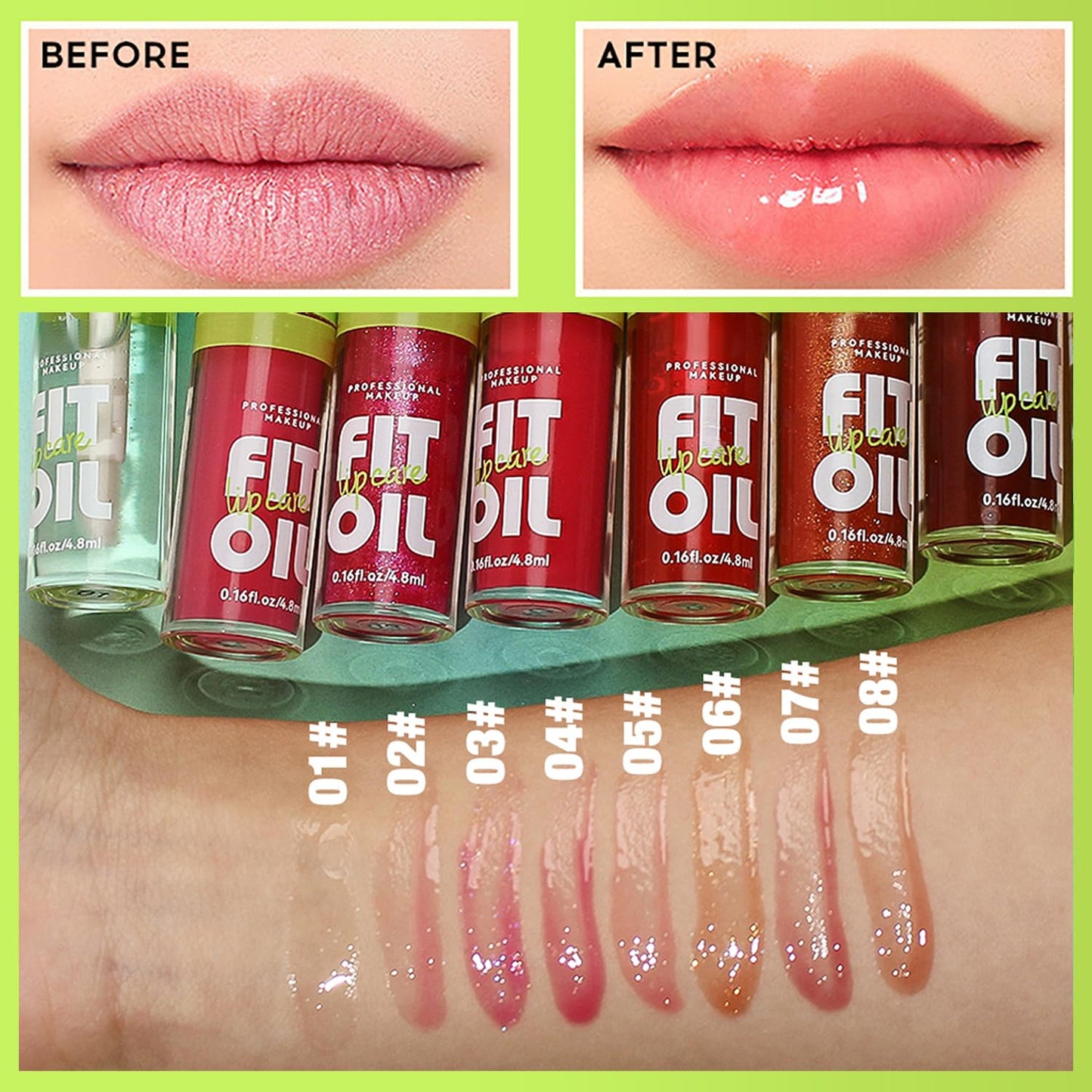 Qifylmaf 8 Colors Lip Oil Lip Glaze, Big Brush Head Hydrating Lip Glow Oil, Transparent Toot Tinted Nourishing Long Lasting Repairing Lightening Lip Lines (Set A+ Set B)