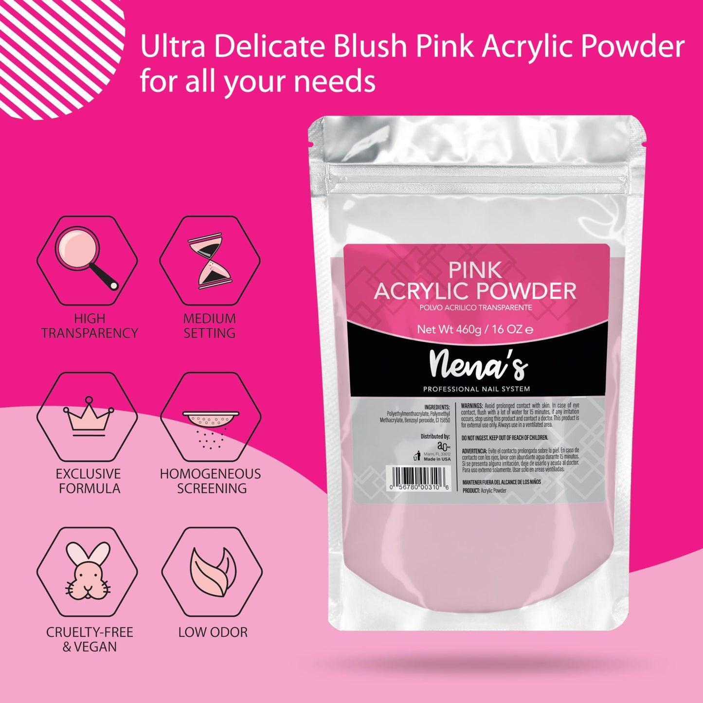 Nena's Superior Sculpting Powder Professional Acrylic Nail System Clear Medium Pink 16 oz 460 g (Pink)