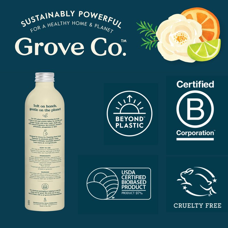 Grove Co. Foaming Hand Soap Concentrate (12 Fl Oz) + Reusable Glass Soap Dispenser, Plastic-Free Liquid Refillable Starter Kit, Natural Lemon & Eucalyptus Fragrance
