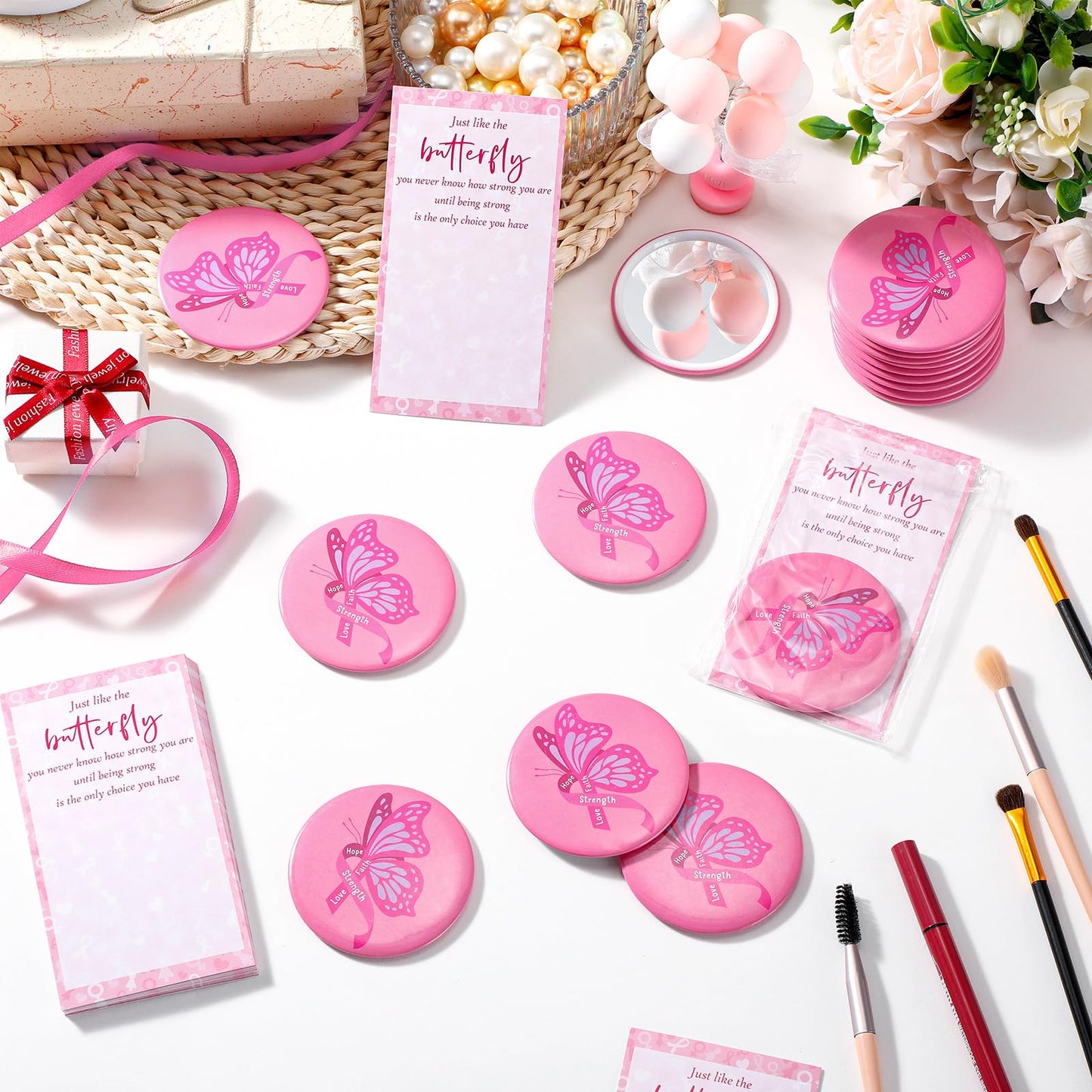 Pinkunn 50 Set Women's History Month Gifts Bulk, Pink Compact Pocket Mirrors and Motivational Cards Inspirational Gifts for Women Coworker Friend Nurse Female Pocket Mirror for Purses