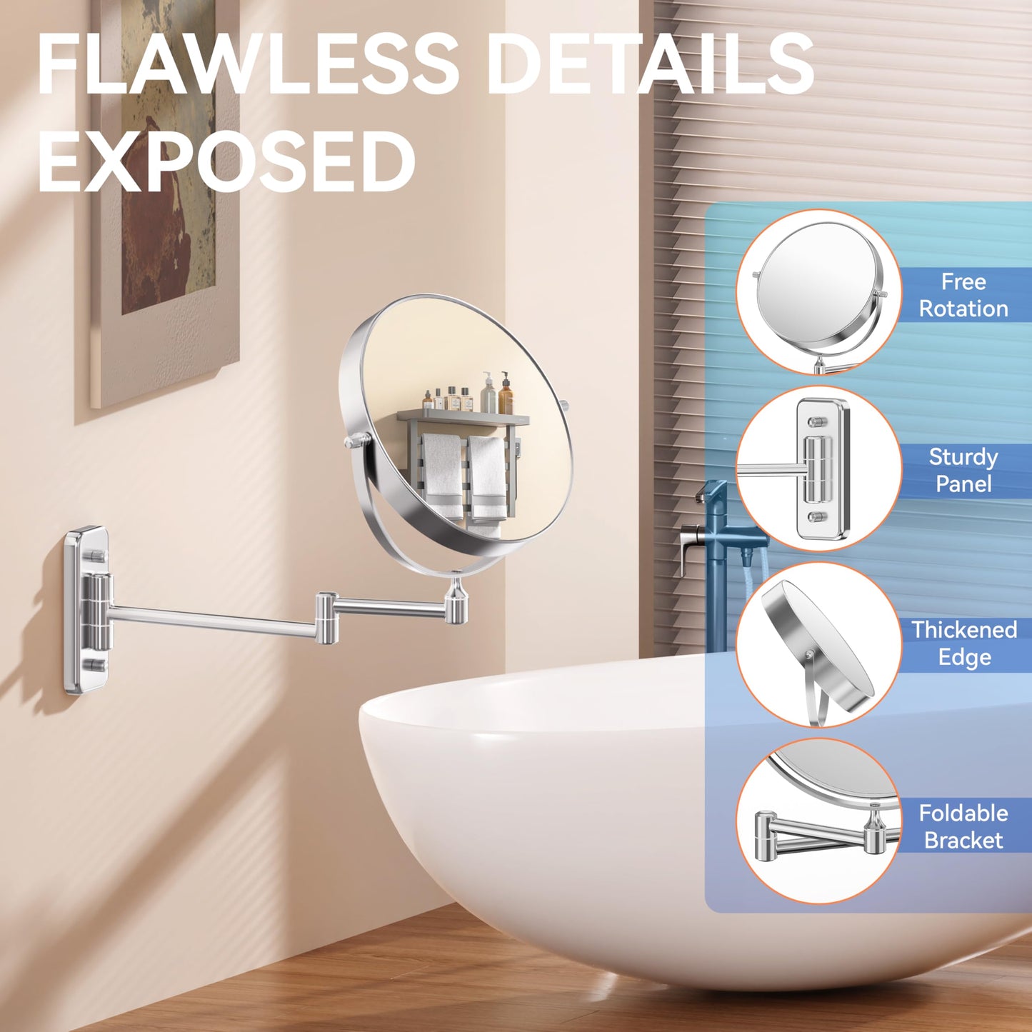 Auxmir 8'' Wall Mounted Makeup Mirror, 1X/30X Double-Sided Magnifying Mirror with Tweezer, HD Bathroom Makeup Mirror, Cosmetic Vanity Mirror with 360 Rotation Extendable Swivel Arm, Chrome