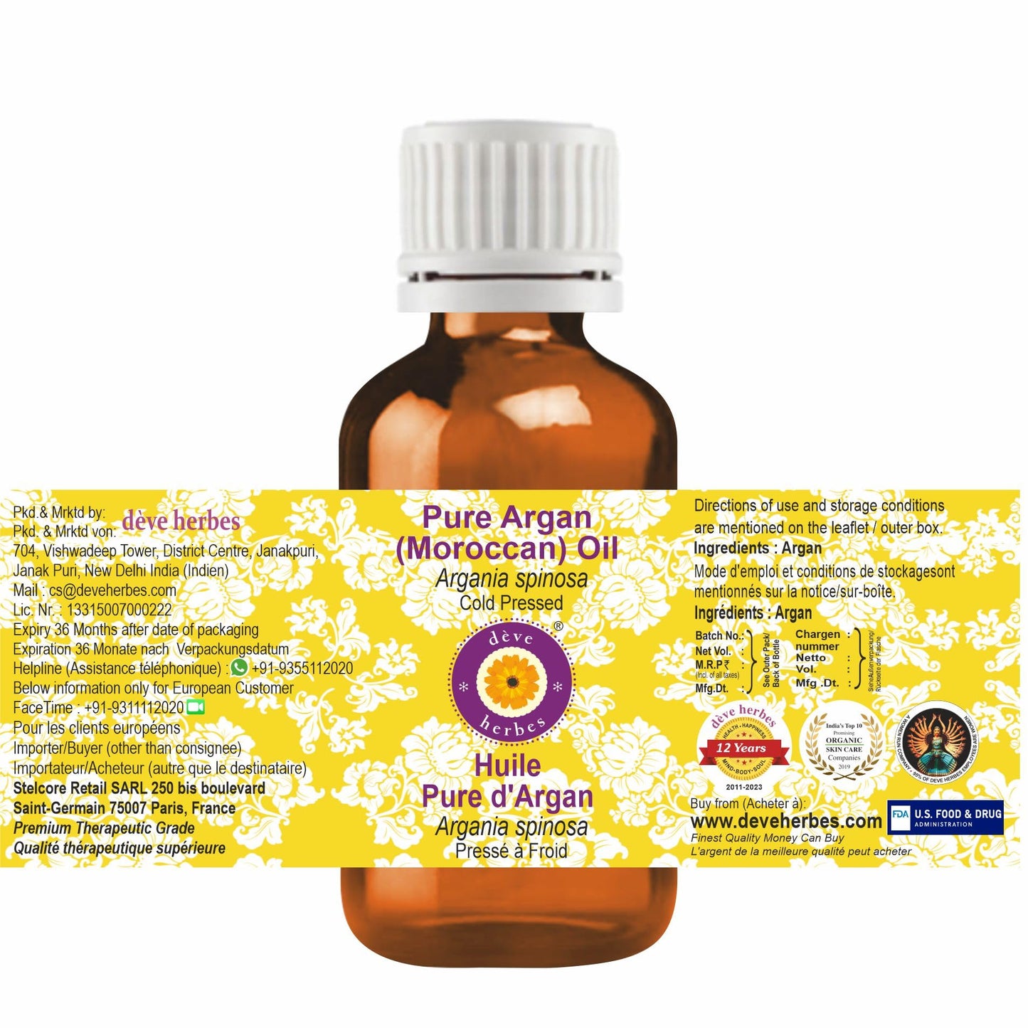 Deve Herbes Argan (Moroccan) Oil (Argania spinosa) | Cold Pressed | Pure | Natural | For Diluting Essential oils | For Hair, Skin & Massage | Non-Sticky | Lightweight | Unisex | 50ml (1.69 oz)