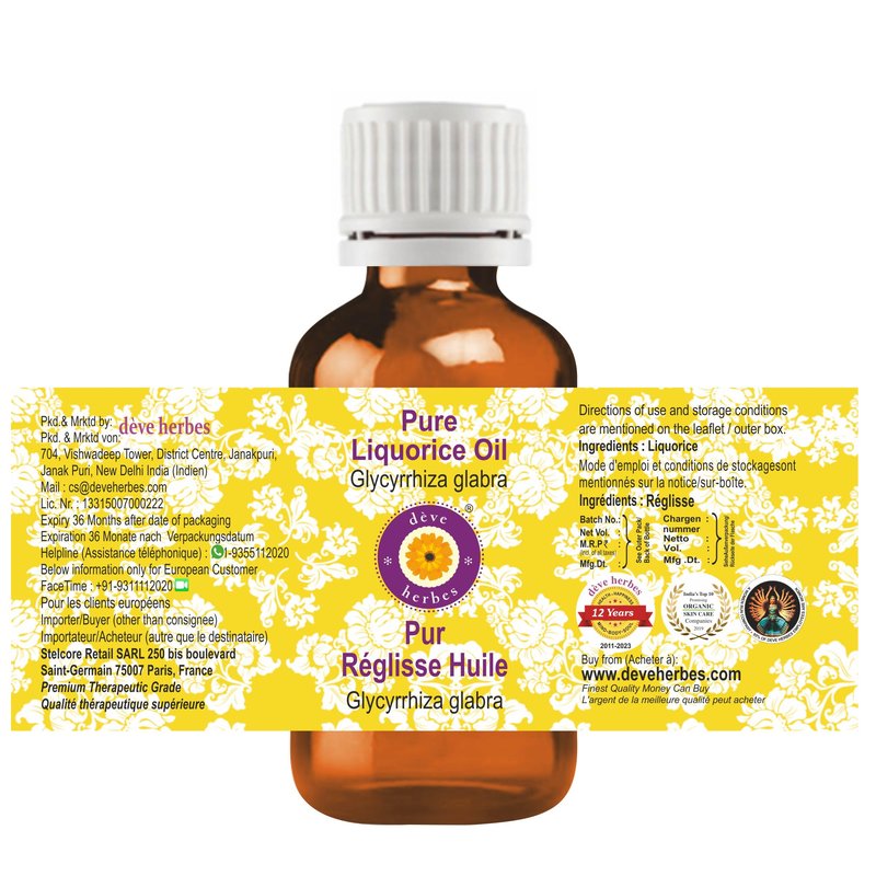 Deve Herbes Liquorice Oil (Glycyrrhiza glabra) | Cold Pressed | Pure | Natural | Undiluted | For Diluting Essential oils | For Skin & Massage | Non-Sticky| Lightweight| Men & Women | 100ml (3.38 oz)