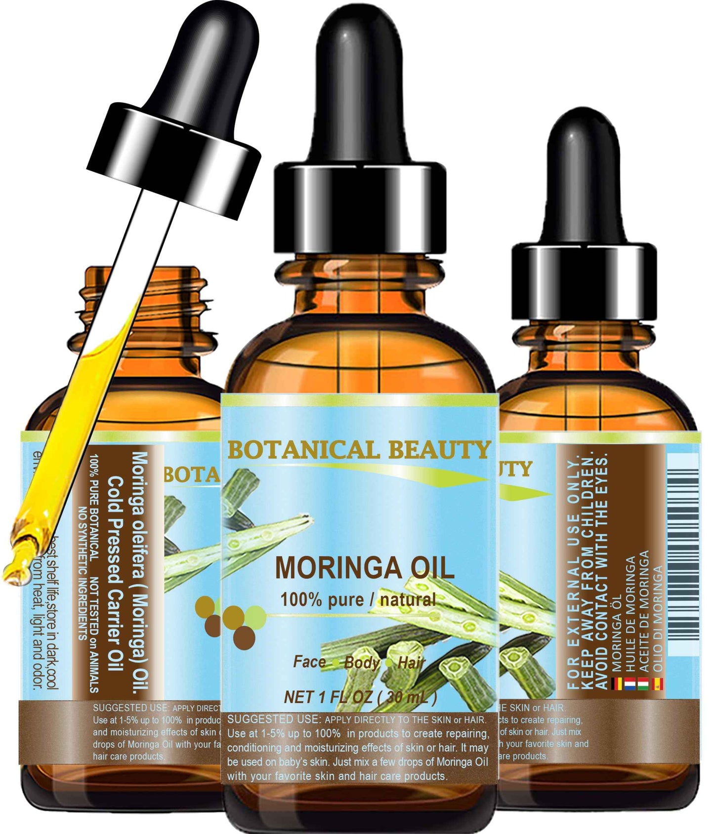 Botanical Beauty‎ Moringa Oil 100% Pure Natural Undiluted Cold Pressed Carrier Oil. 1 Fl.oz.- 30 ml. for Face Skin, Hair, Lips, Nails. Rich in Vitamin C, Vitamin E