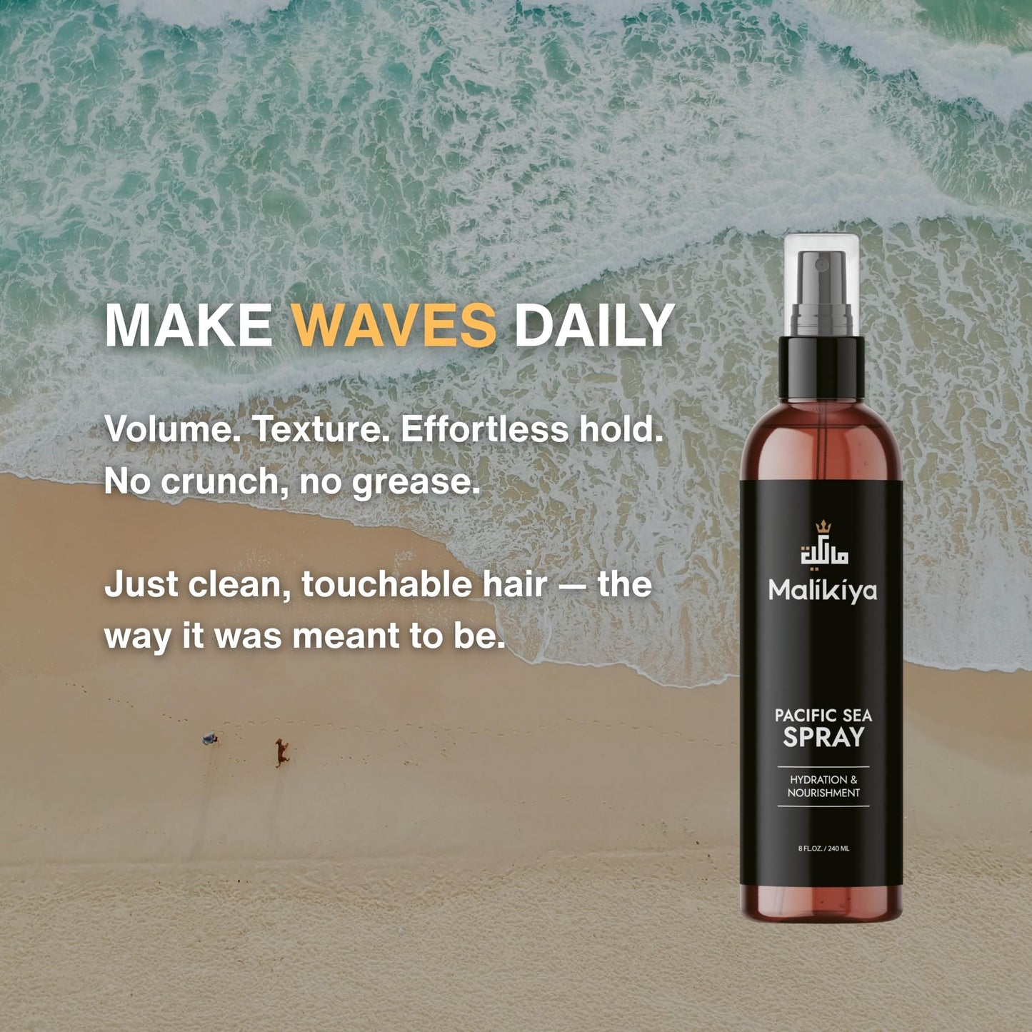 Malikiya Sea Salt Spray for Hair– Beach Waves, Fluffy Textured Hair | Natural, Non-Greasy, No Crunch, Firm Hold | Coconut Water & Sea Kelp | 8 oz