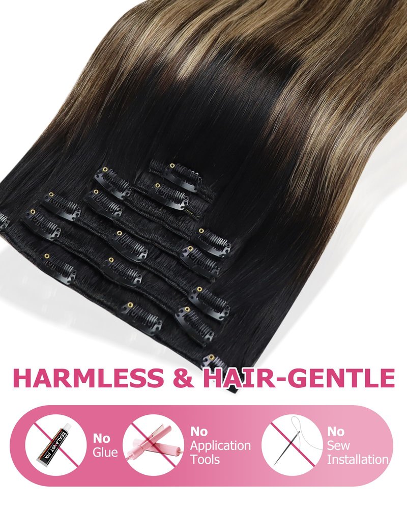 YoungSee 18 Inch Ombre Clip in Hair Extensions 120G Balayage Clip in Human Hair Extensions Natural Black Ombre Dark Brown Mix Blonde, Can Be Heat-styled Clip ins Extensions for Women At Home 7Pcs
