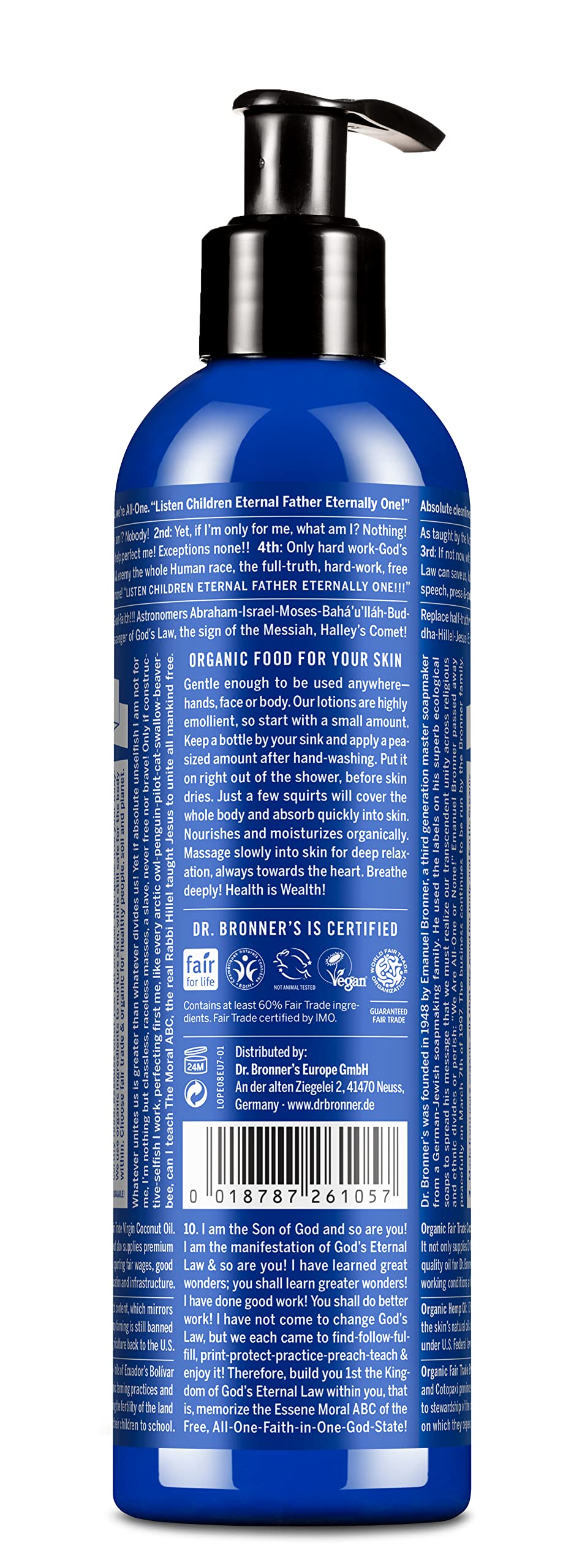 Dr Bronner's Organic Peppermint Hand and Body Lotion, Made with Organic Oils, Used for Face and Body, Certified Fair Trade & Vegan Friendly, 236ml Recycled Bottle