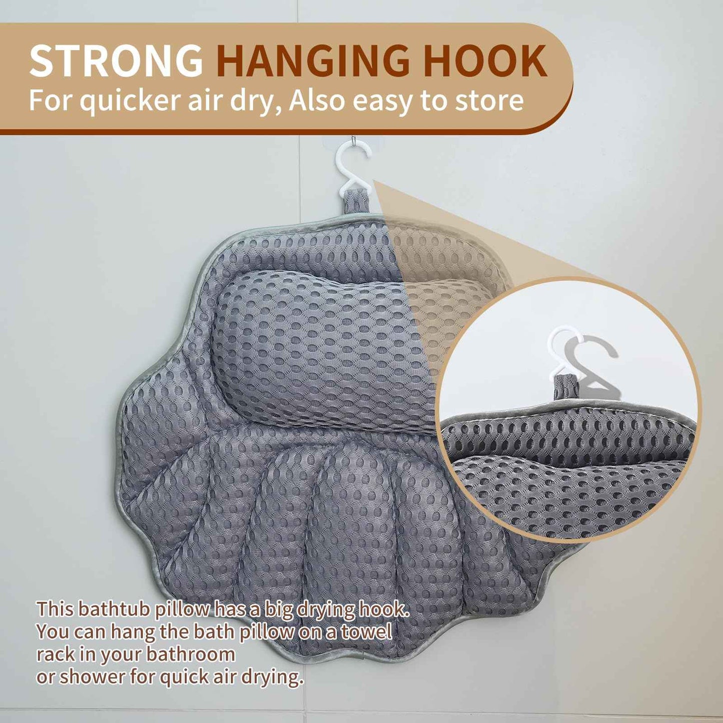 Luxury Bathtub Pillow, Mesh Bath Pillow with Suction Cups Bath Pillow for Women Relaxing, Bath Pillows for Tub Neck and Back Support,Fits All Bathtub (Gray)