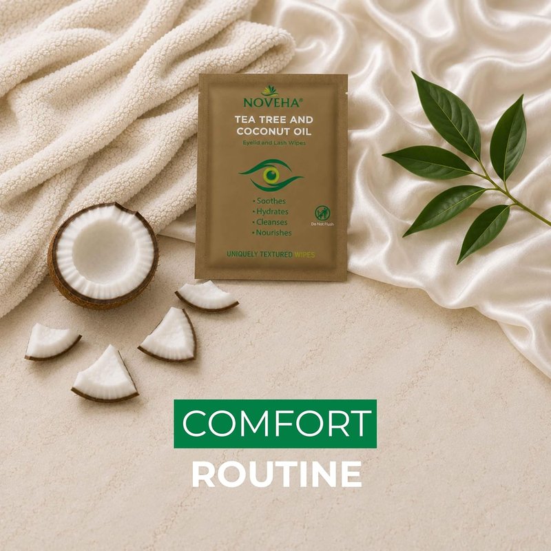 NOVEHA Tea Tree & Coconut Oil Eyelid & Lash Wipes - 60 Individually Wrapped Cleansing Wipes for Itchy Eyes | Natural Makeup Remover with Aloe Vera