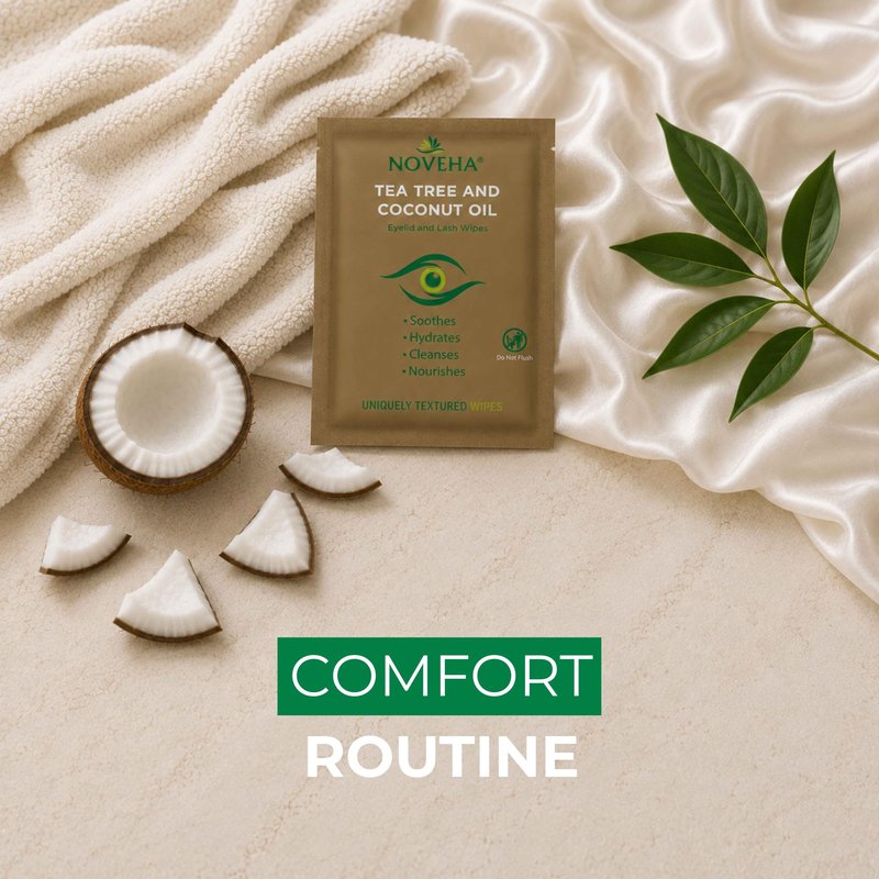 NOVEHA 180PCs Tea Tree & Coconut Oil Eyelid & Lash Wipes | For Demodex, Blepharitis & Itchy Eyes - Effective Eyelash Wipes With Aloe Vera, Natural Makeup Remover & Daily Eye Cleanser - (Pack of 3)