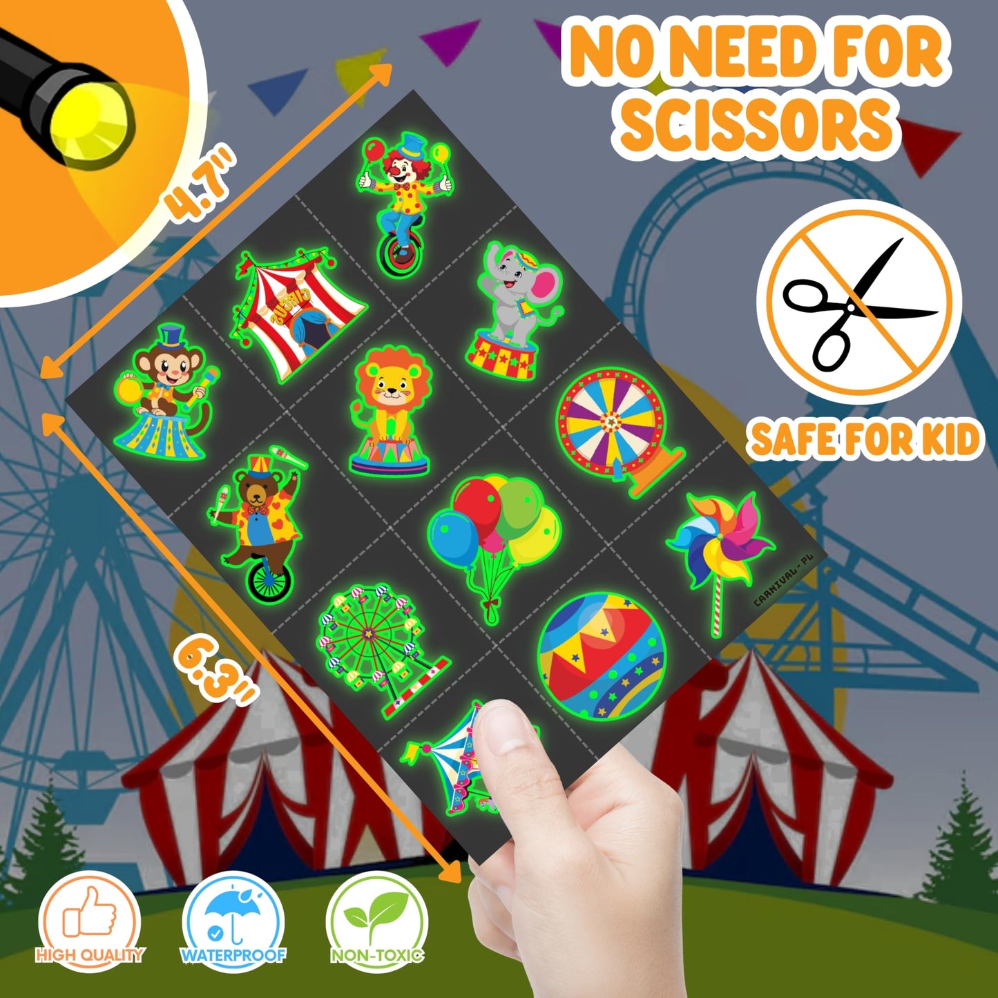 72 PCS Carnival Party Favors – 48 PCS Luminous Tattoos & 24 PCS LED Finger Lights Combo – Birthday Goodie Bag Fillers, Party Supplies, Gifts Light Up Toys Glow In The Dark for Boys and Girls